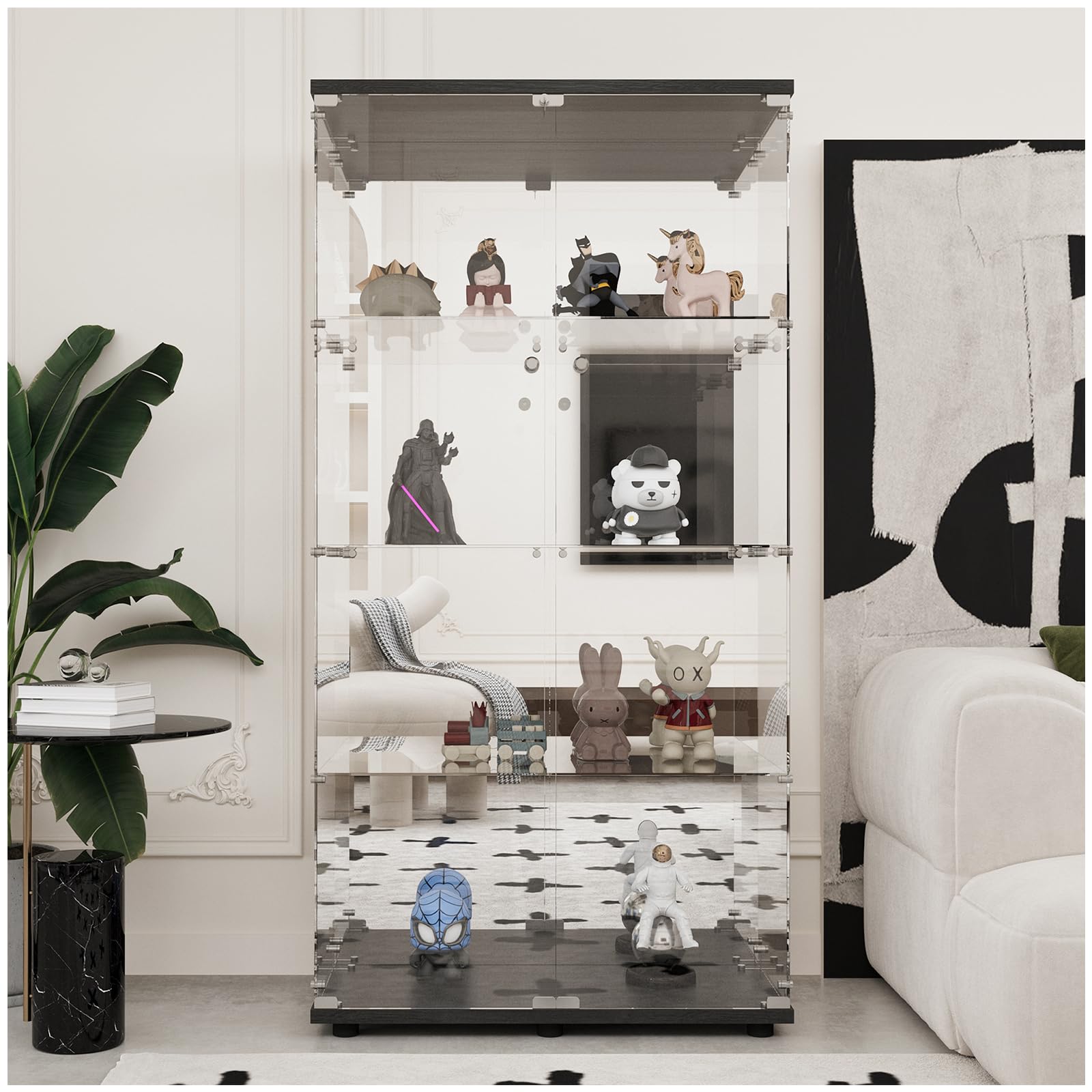 LFT HUIMEI2Y Glass Display Cabinet 4-Shelf with Double Door, Lock, and Mirror, Curio Cabinets Upgraded Quick-Install Style, Tempered Glass Collection Display Showcase for Bedroom, Living Room, Black