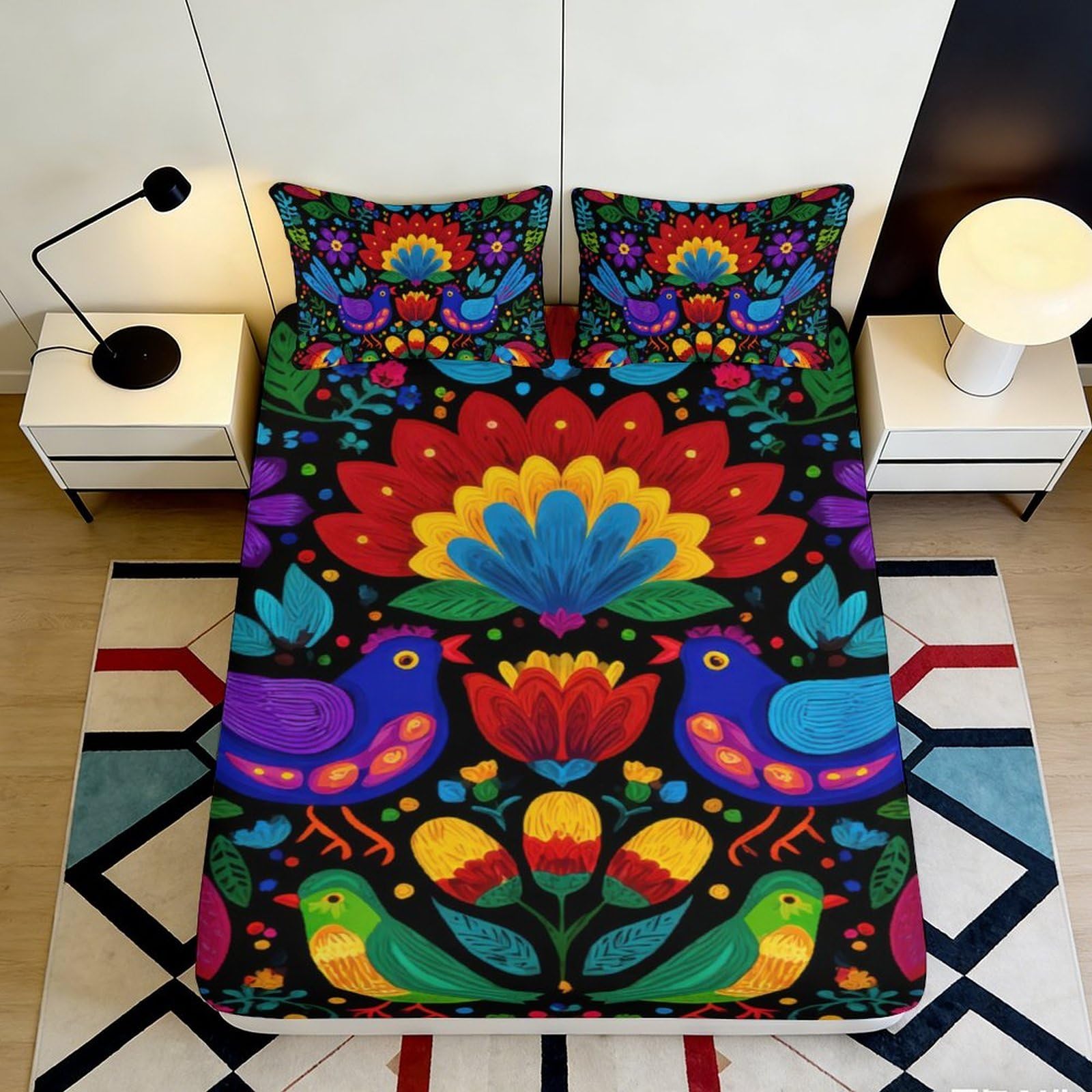 3D Printed Folk Art Birds Fitted Sheet Microfiber Colorful Floral Mattress Cover for Bedroom Guest Room Decor 180x200x25cm