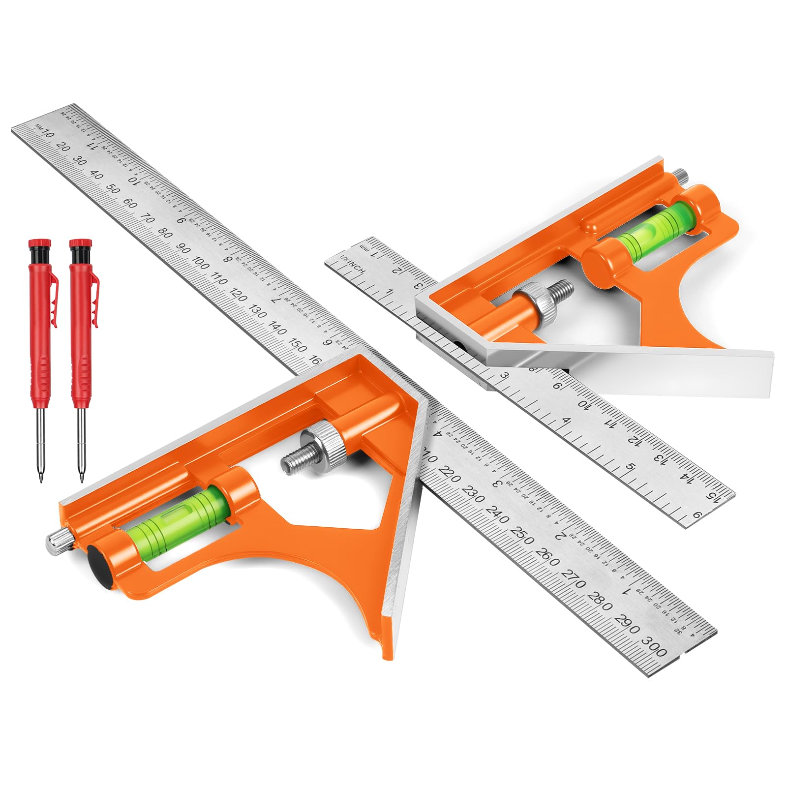 flintronic 150mm+300mm Combination Square Set, Stainless Steel Angle Ruler, with Built in Spirit Level & Marker Pins, Metric & Imperial Scales, Measuring Tool for Carpenter/Engineer/Woodworking