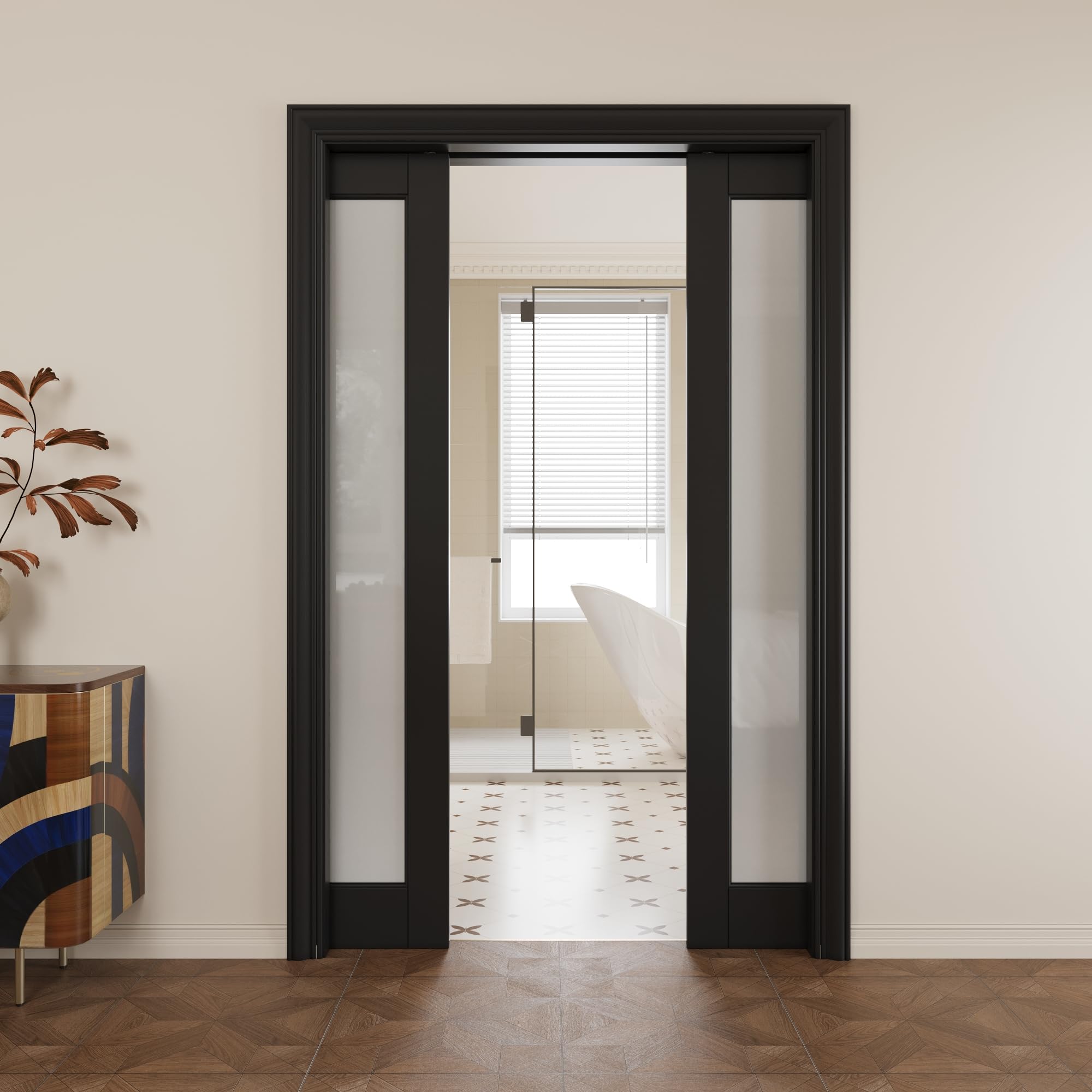 Double Pocket Door,Black Frosted Glass Doors,Solid Door,48x80