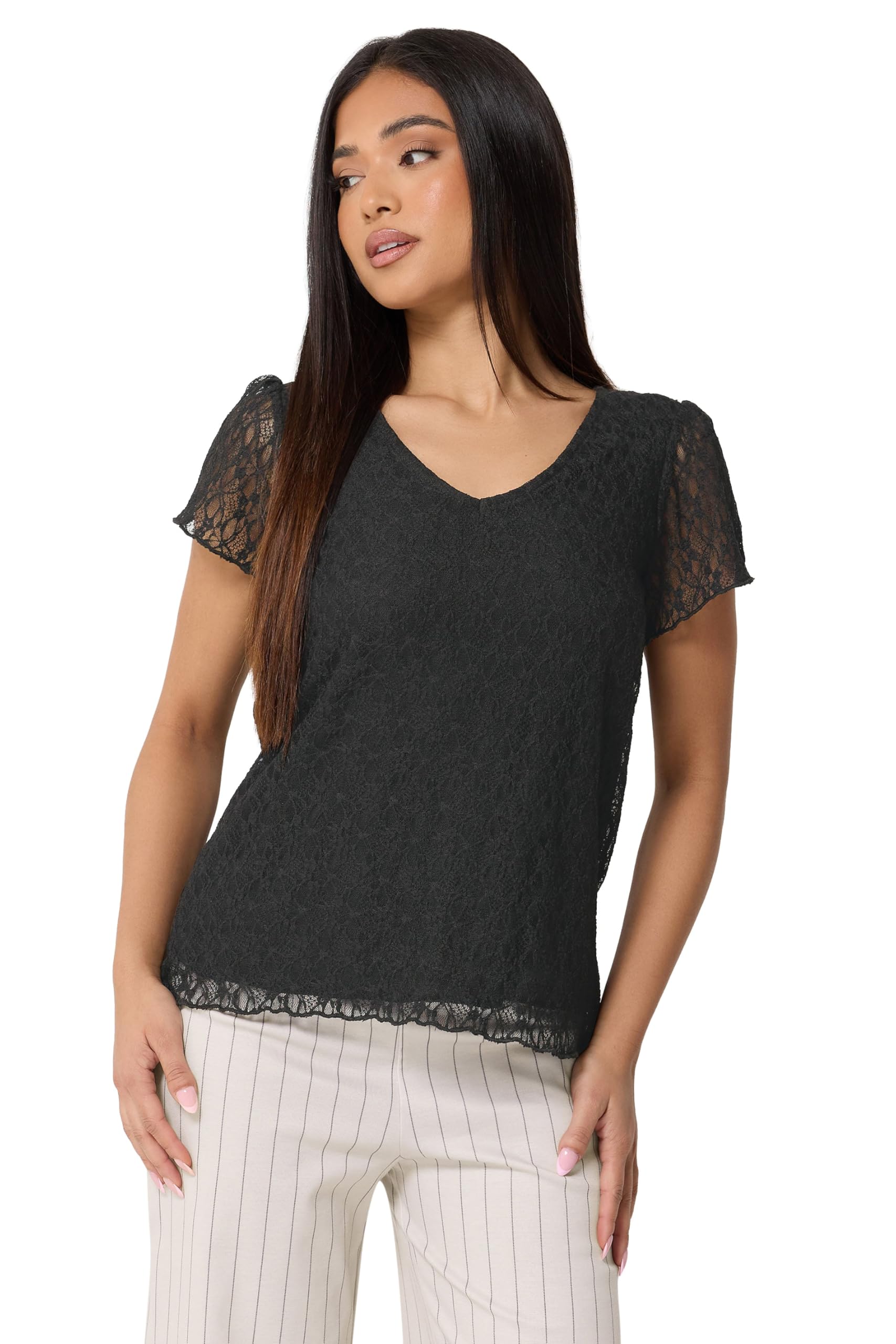 M&Co Women's Black Petite Lace V-Neck Top In | : Size 14