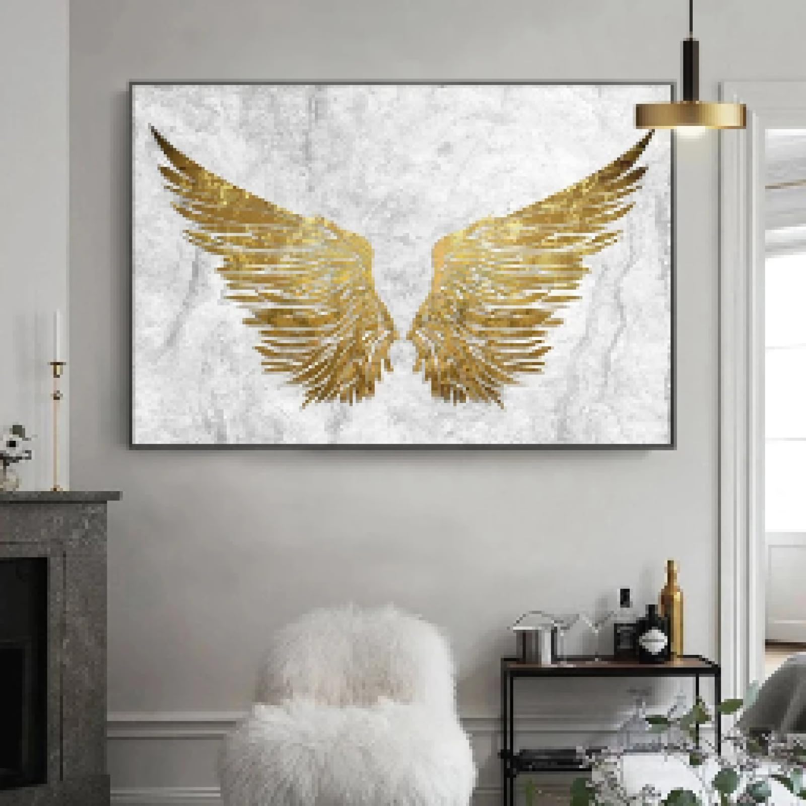 ADOHOME Giclée - Lienzo decorativo con alas de ángel dorado, diseño abstracto de lujo con alas doradas para decoración del hogar, 50 x 70 cm, sin marco
