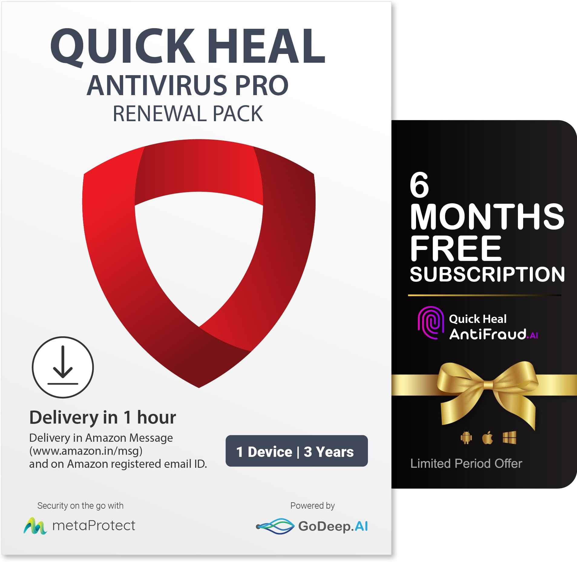 - Quick Heal Antivirus Pro Renewal | Windows PC/Laptop | 1 User, 3 Year | Existing 1 User AV Pro Subscription Required | Email Delivery in 1 hr |+ 6 month AntiFraud.AI for IOS/Android