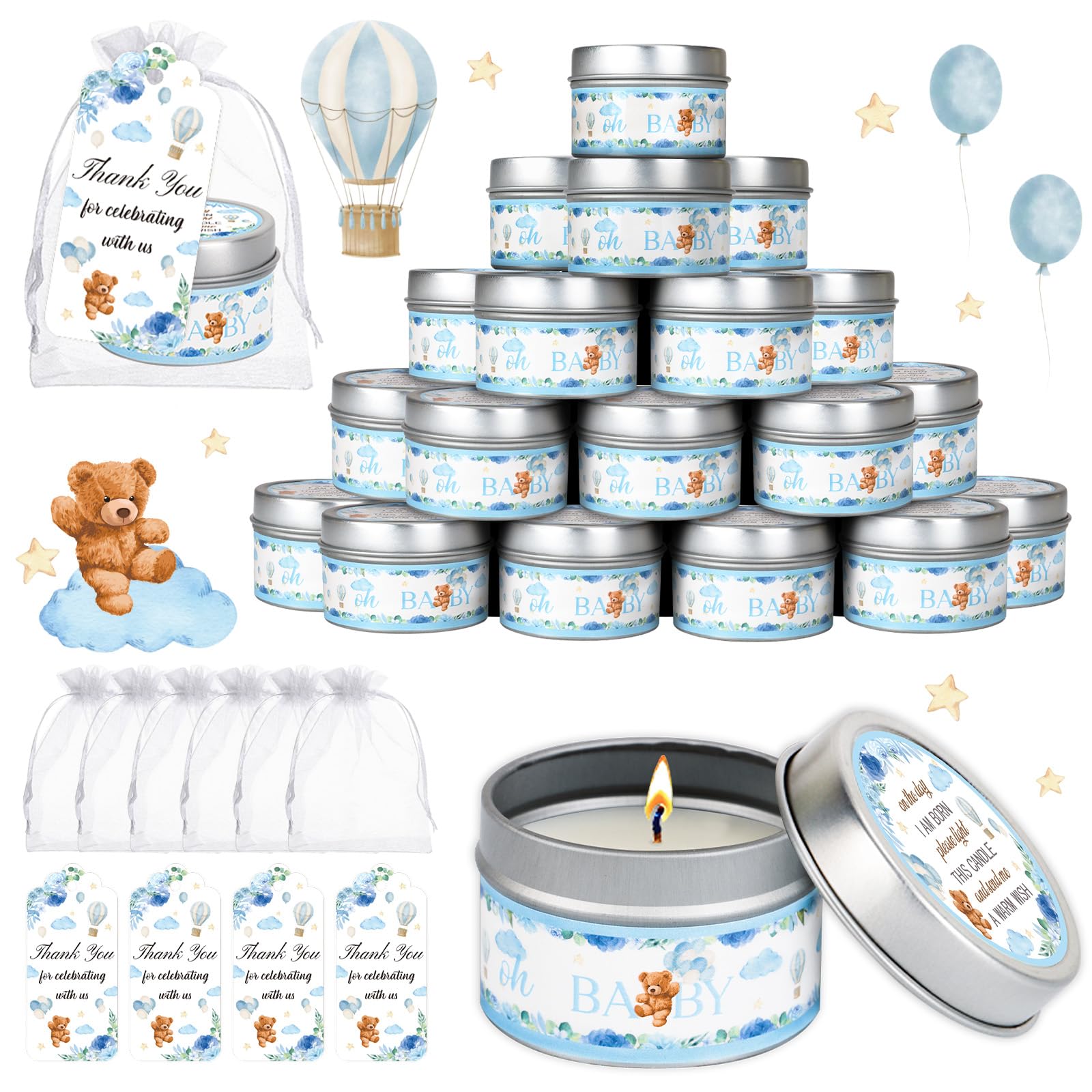 50 zestawów świec na baby shower, upominki na imprezę, niedźwiedź, lawenda, upominki luzem dla gości, dziewczyny, chłopca, baby shower, ujawnienie płci, prezenty na imprezę (niebieski niedźwiedź)