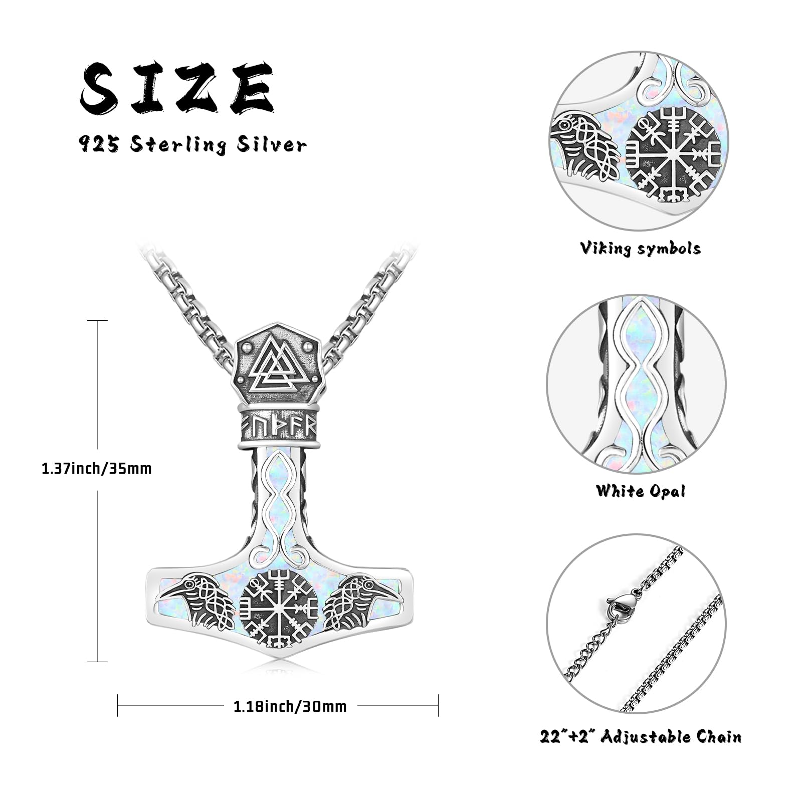 Mjölnir - Collana in argento Sterling con ciondolo a forma di bussola vichinga, con ciondolo a forma di martello di Thor, da uomo, con rune nordica, Vegvisir, regalo per donne e uomini