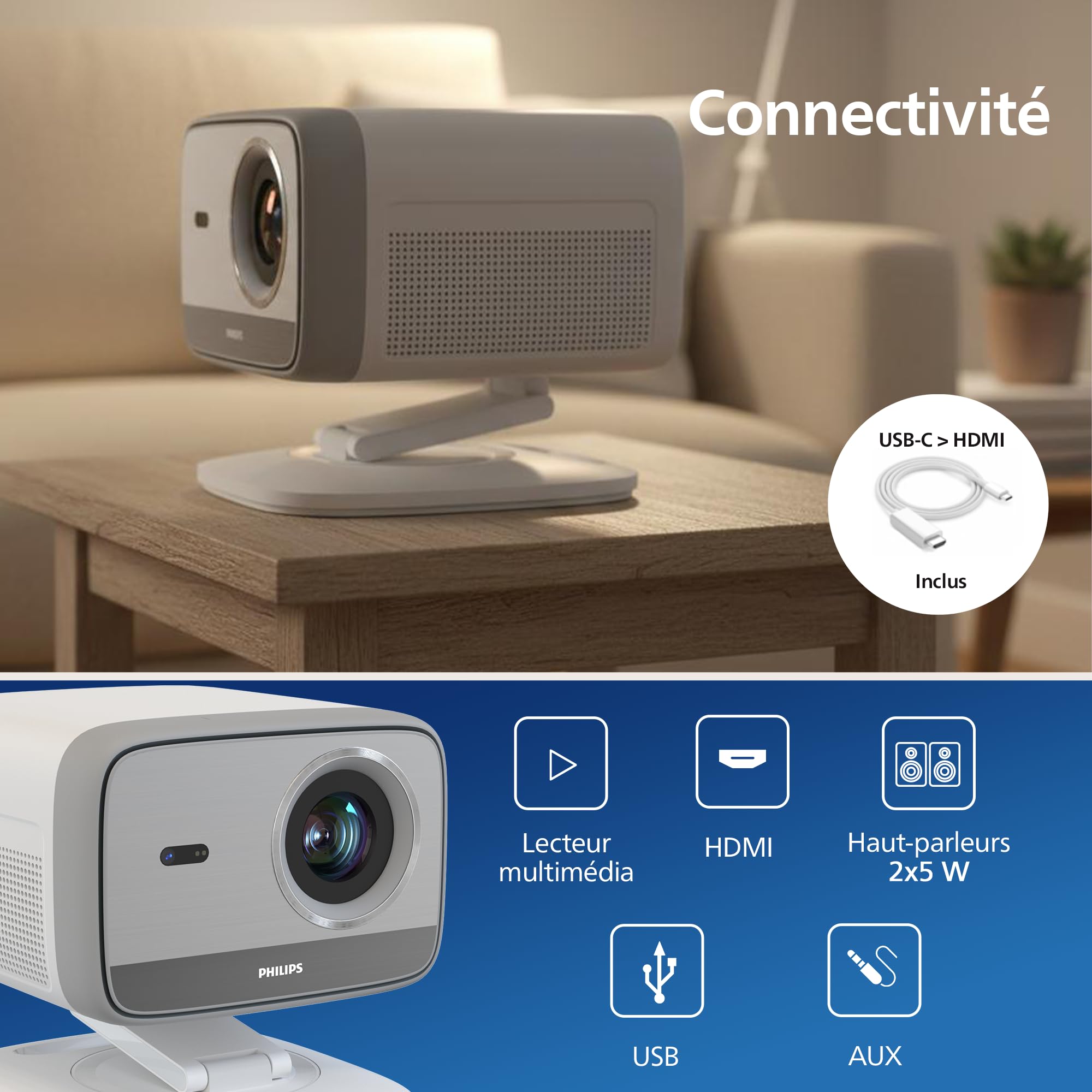 Philips Neopix 444, Vidéoprojecteur 4K, Résolution Native 1080p, 500 Lumens ANSI, Son Stéréo 10 Watts, Autofocus, Autokeystone, Cable HDMI vers USB-C fourni, Blanc.