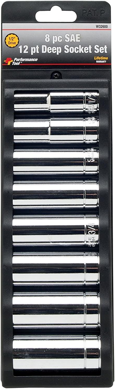 Performance Tool W32600 8-Piece 1/2-Inch Drive 12 Point SAE Deep Socket