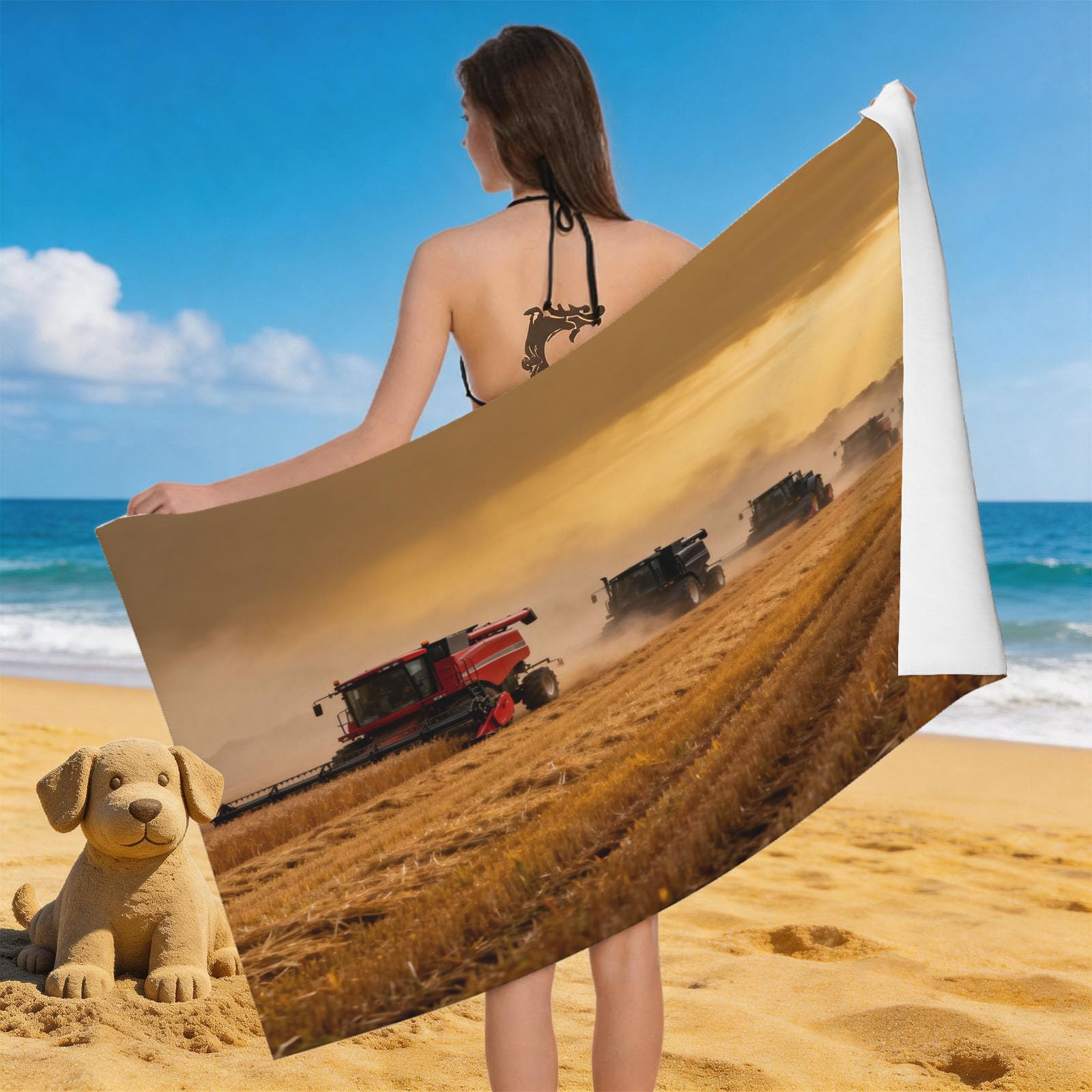 Leichong 3D Harvester Beach Towel Microfiber Soft Quick Dry for Adults, Farm Bath Towel Lightweight Soft Absorbent for Travel Swimming Pool Sports, 75 x 150 cm