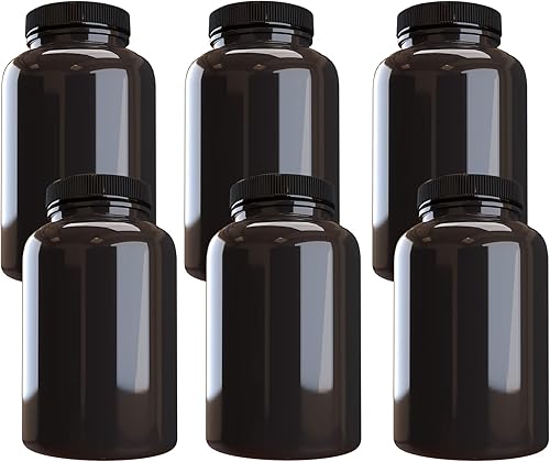 Mountain West Company - Botella de plástico para píldoras (paquete de 6), color ámbar oscuro con tapa negra, capacidad de 500 cc