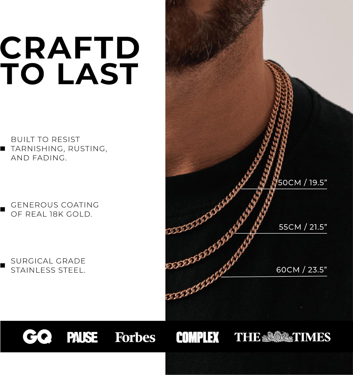 CRAFTD - Rose Gold Cuban Link Chain - Durable 18K Rose Gold & 316L Stainless Steel - Waterproof, Heat & Sweat Resistant - Gifts for Men - Men's Jewelry