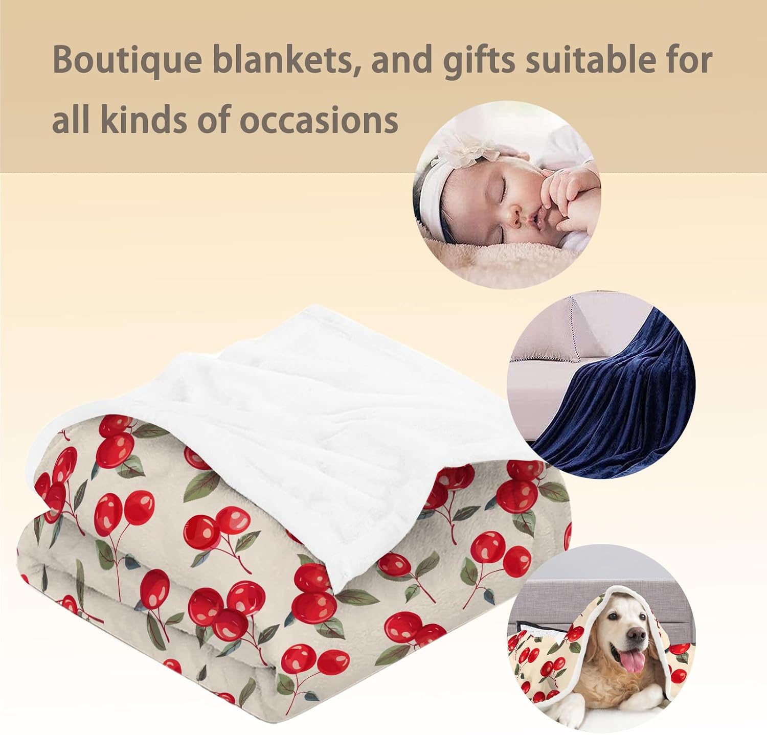 Red Cherry Blanket - Soft Lightweight Cozy Fruit Flannel Throw Blanket for Adults Kids Women Girls, Fuzzy Warm Blankets for Couch, Bed, Travel, Outdoor Use, Home Decor 60×50 in
