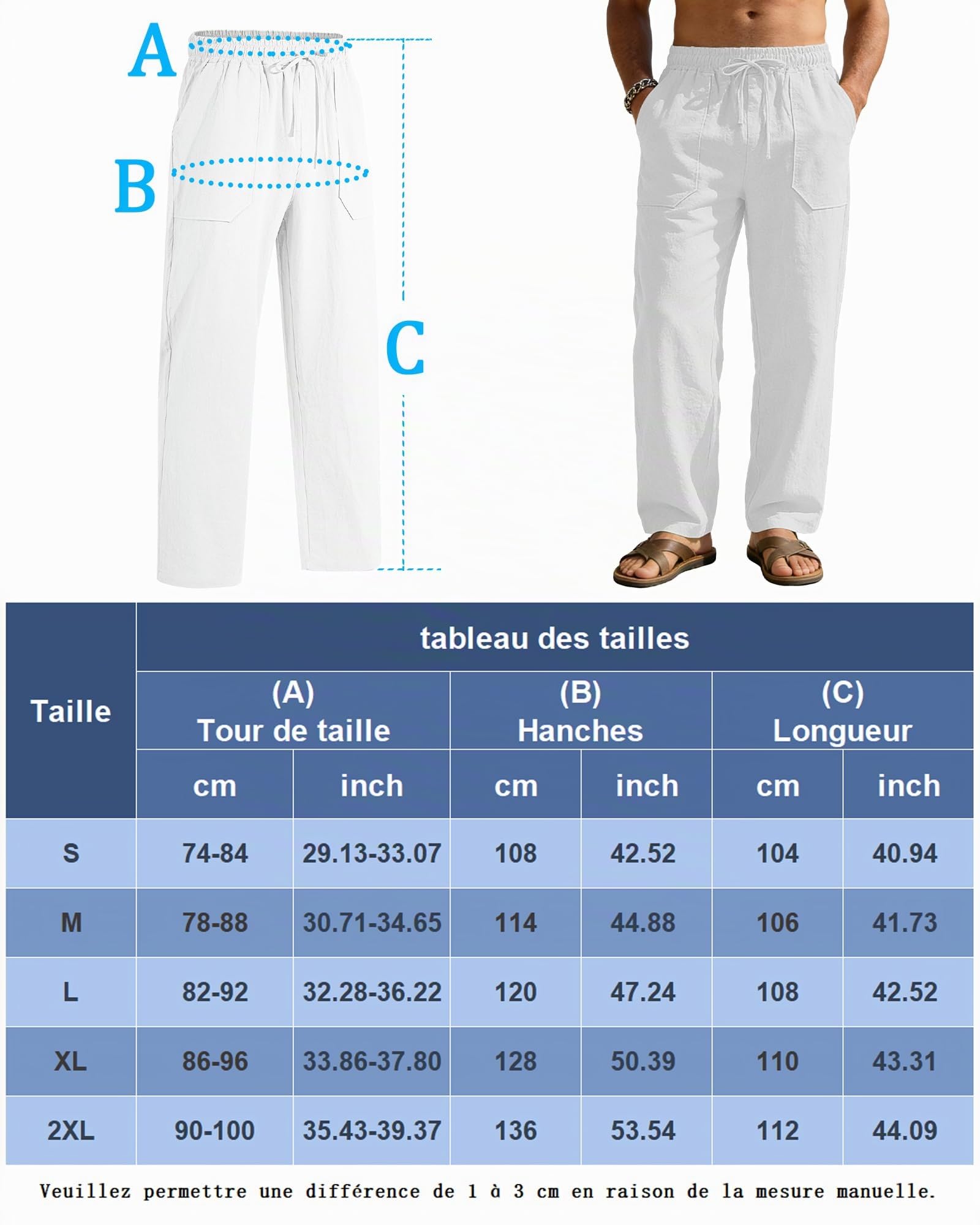 Pantalon Coton Lin Homme Décontractés de Plage Léger Été Casual Yoga Pants avec Cordon Elastique S-2XL