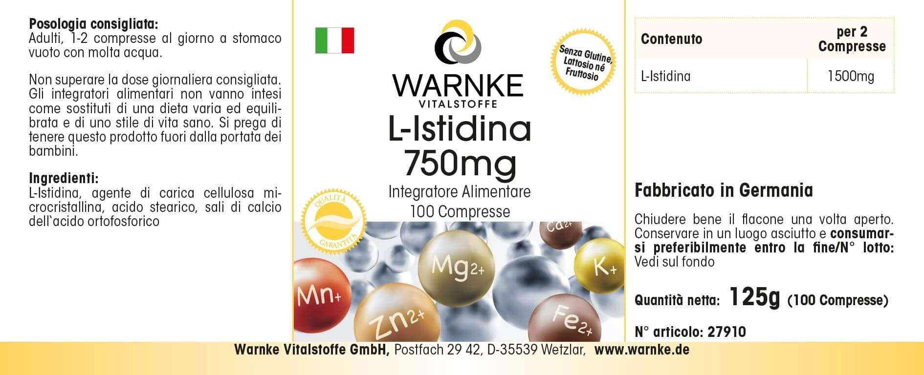 L-Histidin 750mg - hochdosiert & vegan - Aminosäure - 100 Tabletten | Warnke Vitalstoffe - Deutsche Apothekenqualität (Packung mit 2)