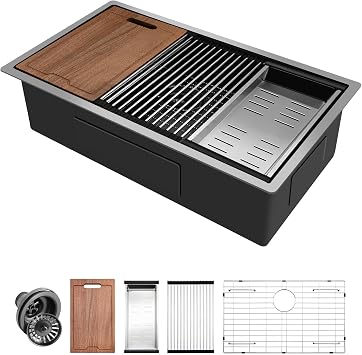 PEPO 33 Inch Gunmetal Black Undermount Workstation Kitchen Sink | 16 Gauge SUS304 NANO-PVD Deep Single Bowl Stainless Steel Basin with Built-in Accessories, 33"x19"x10"
