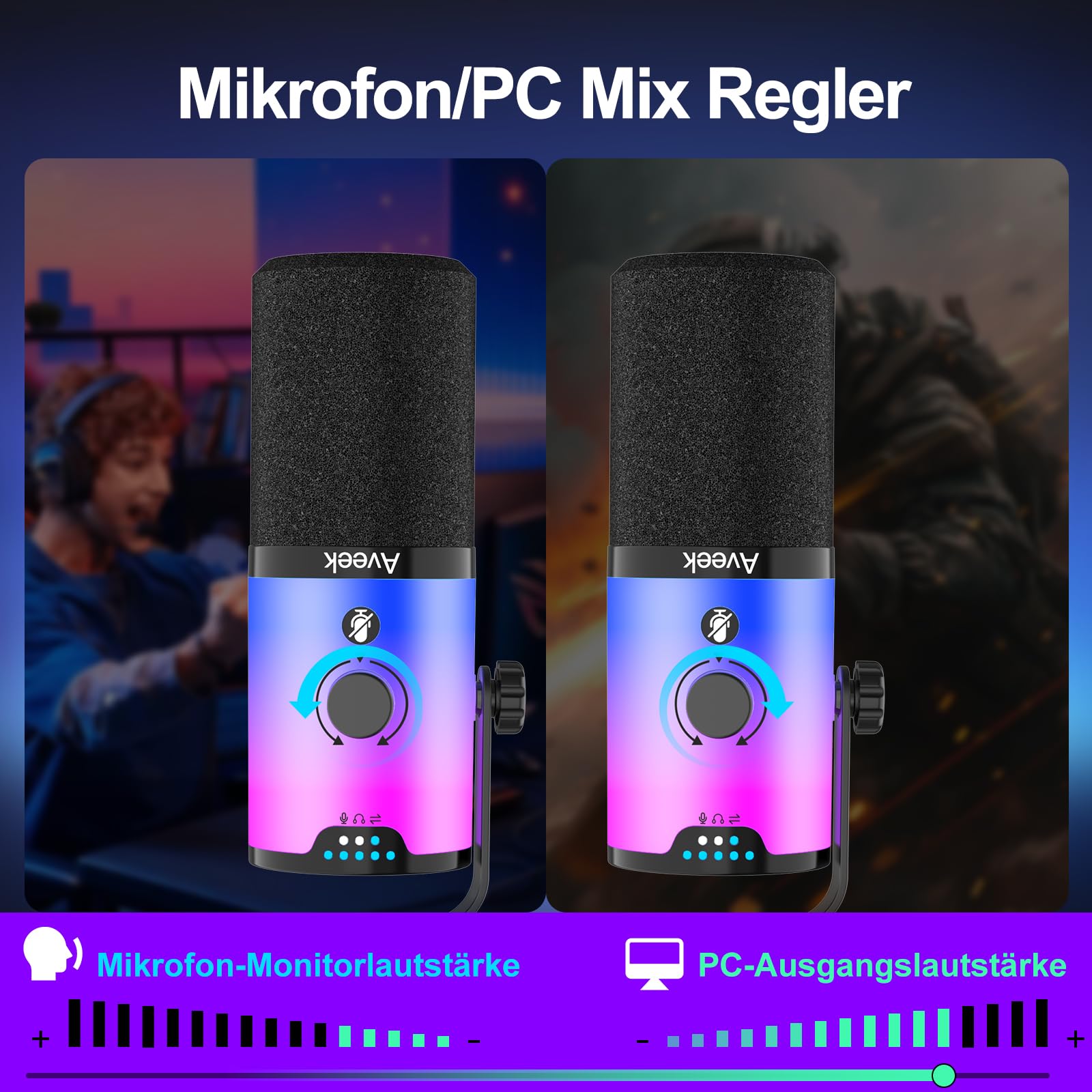 Aveek USB/XLR Dynamisches Mikrofon mit Arm für Gaming und Streaming | RGB-Beleuchtung, Geräuschunterdrückung, Stummschaltung per Knopfdruck, Monitor-Mix und Kopfhöreranschluss für PC und PS5