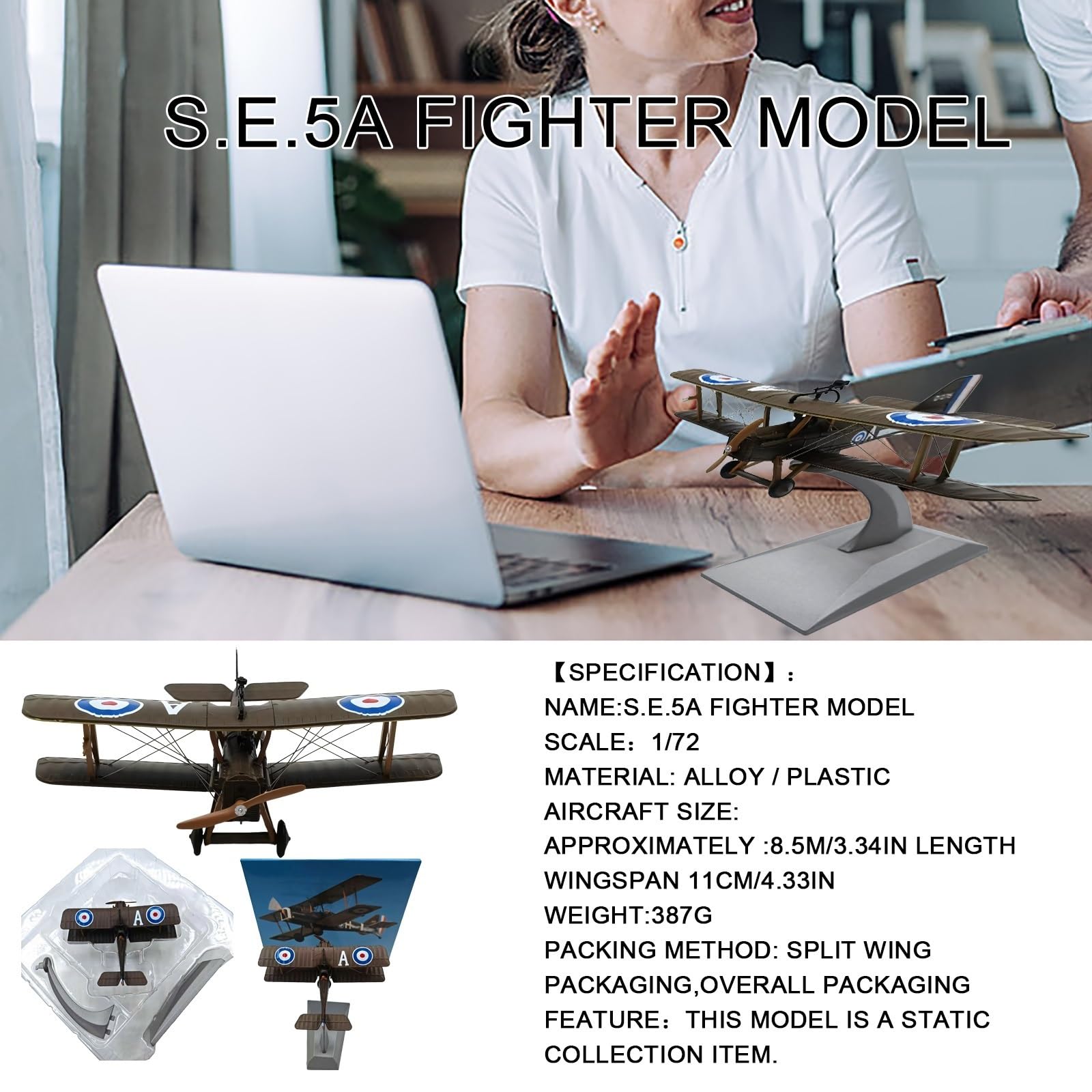 Modello metallo pressofuso caccia biplano SE.5a scala 1:72 con ruote dell'elica girevoli, supporto espositivo lega zinco for appassionati aviazione, replica aereo militare preassemblata