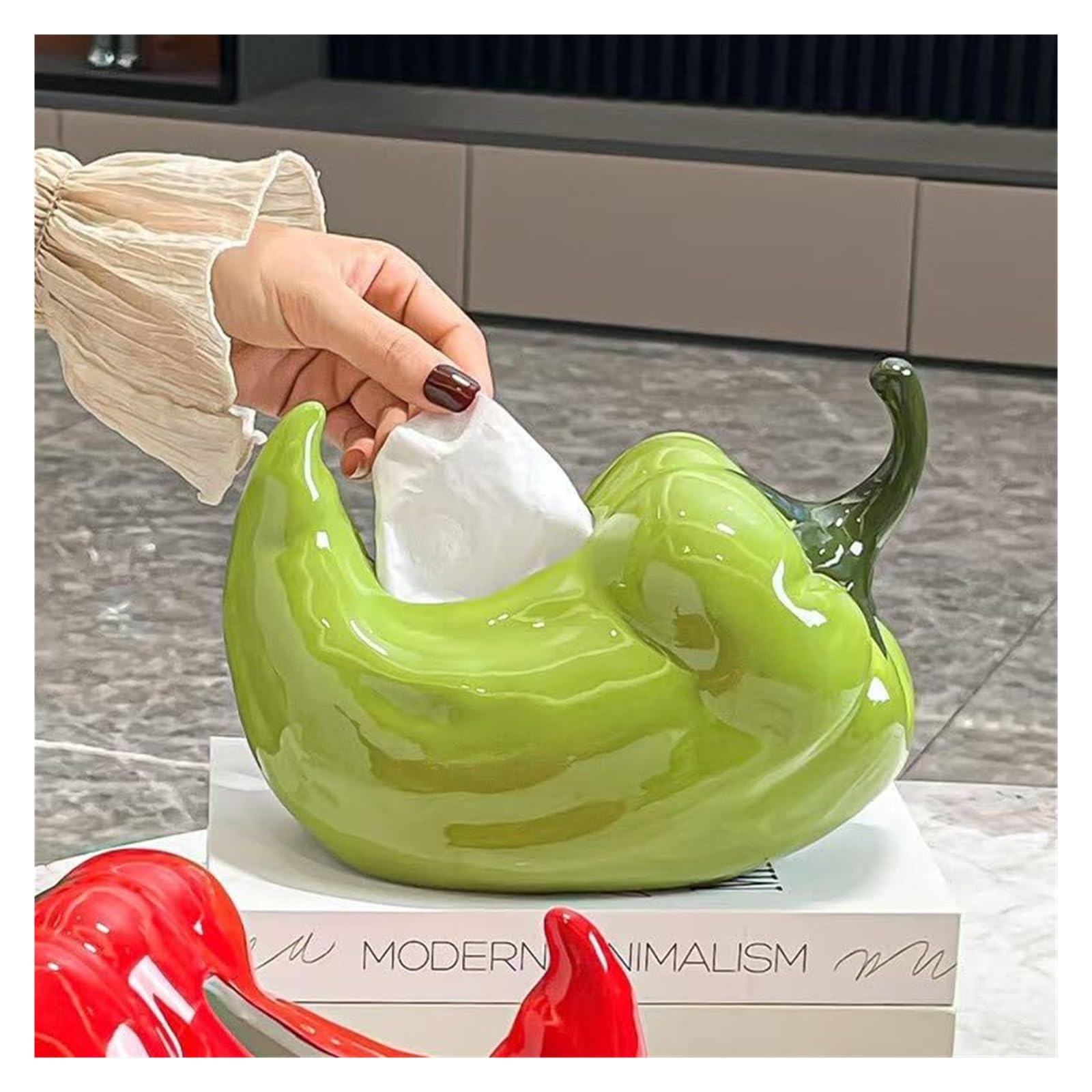 Kosmetiktuch-Spenderbox Dekorative Taschentuchbox aus Keramik mit Chili-Pfeffer-Motiv, modernes, minimalistisches Design Must-Haves für die Wohnung(Green)
