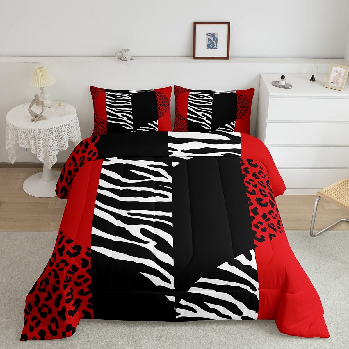 Leopard Zebra Comforter Set King Size,Wild Animals Skin Bedding Set 3pcs for Teens Adults Room Decor,Red Black Geometric Striped Heart Quilt Set Romantic Microfiber Duvet Insert with 2 PillowcasesOEKO-TEX STANDARD 100