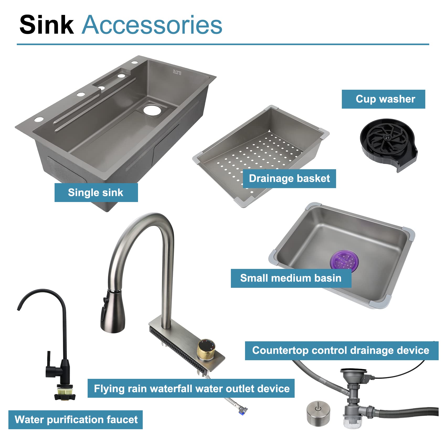 Anrain Nano Kitchen Sink with Waterfall, SUS304 Stainless Steel Modern