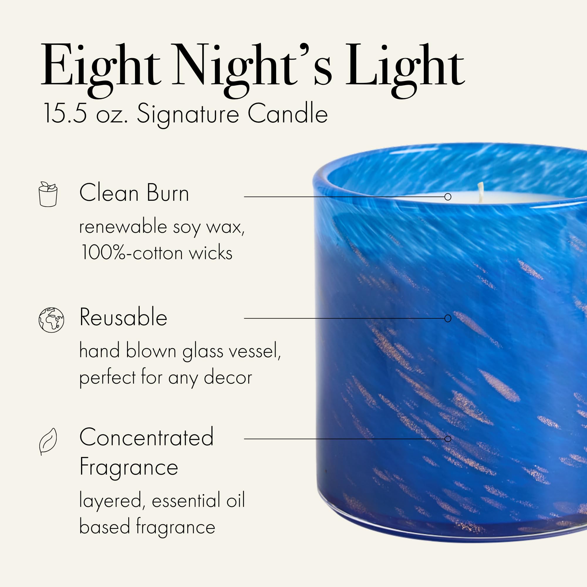 LAFCO New York 2025 Holiday Signature Candle, Eight Nights' Light - 440 ml - 90 ore di combustione, riutilizzabile, vaso in vetro soffiato a mano - Made in USA