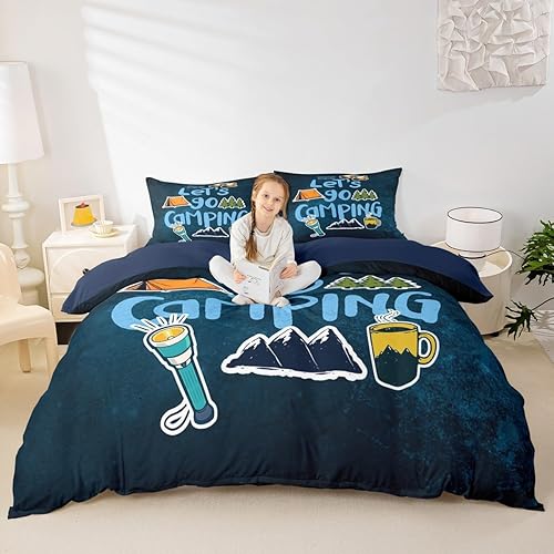 Happy Camping - Juego de funda de edredón tamaño Queen, con temática de caravana de dibujos animados, estilo rústico, estilo granja, juego de ropa