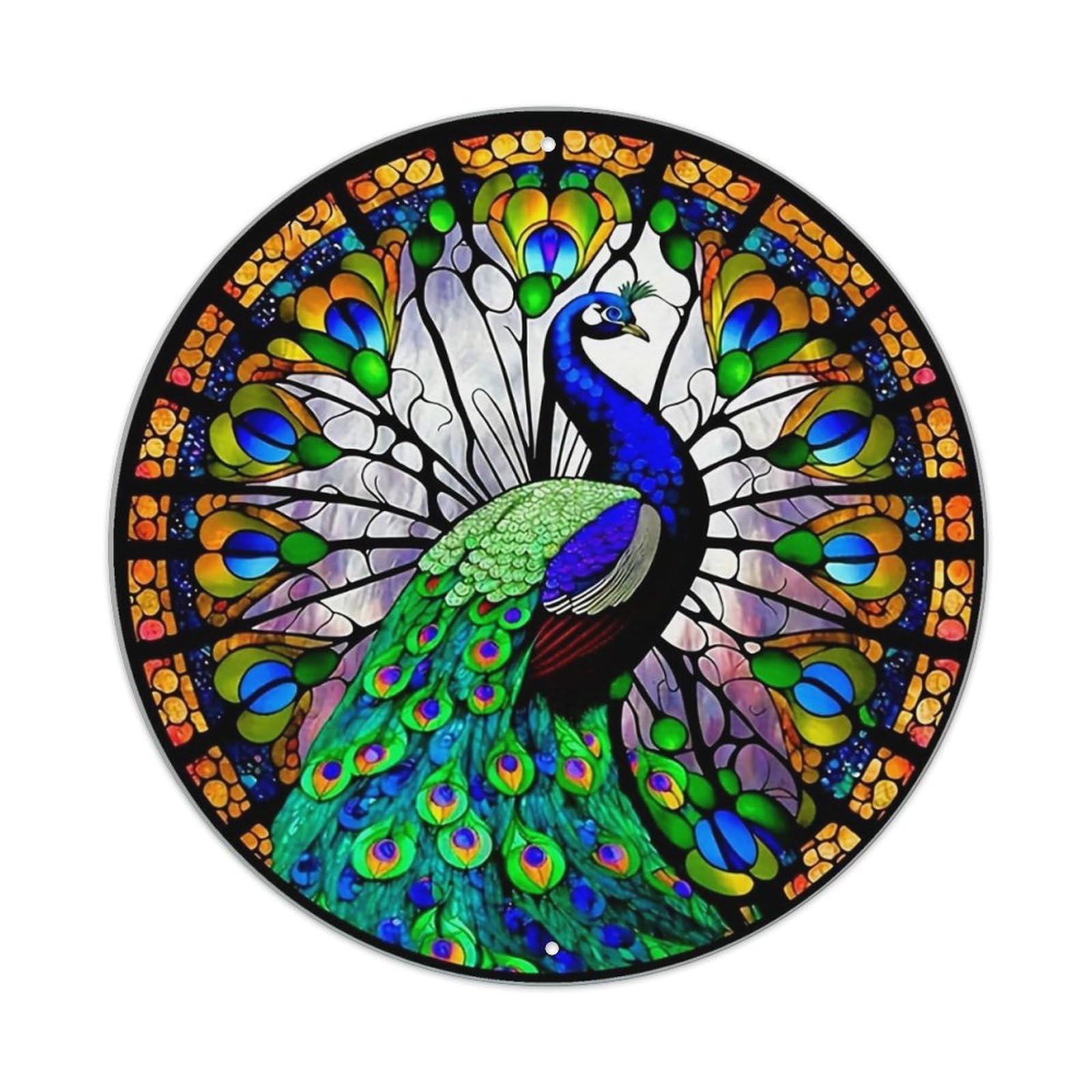 Stained Glass Peacock Art Design Retro Metal Tin Sign, Vintage Metal Poster for home, Gaming Room, Studio Workshop,Bar,Garage Wall Art Decor 8x8 inch