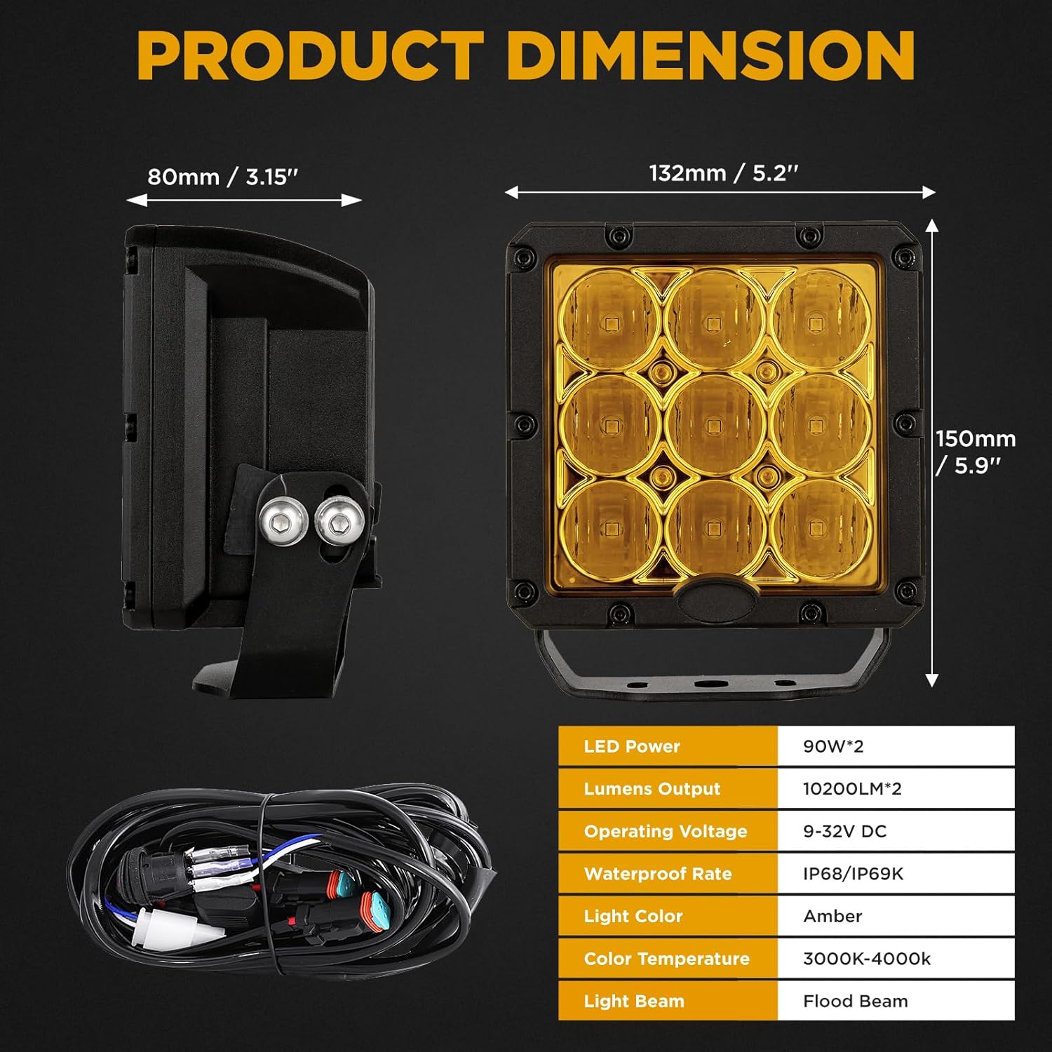 BIGLION.X Amber LED Driving Light, 180W 20400LM Spot Light Led Lights Offroad Lighting Yellow LED Offroad Lights for Tractor Engineer Truck, 12/24V (5INCH)