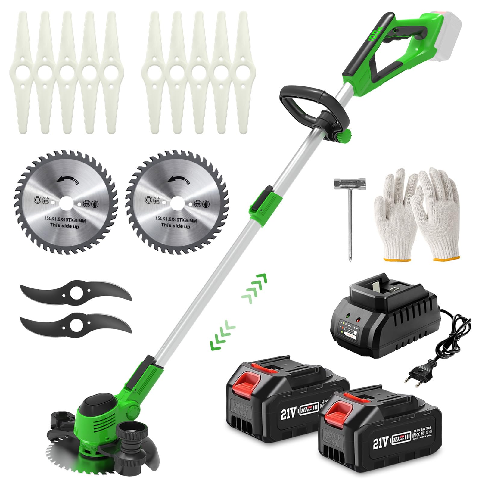 Desbrozadora Bateria 21V, Desbrozadora Electrica con 2x3.0Ah Baterías y Cargador, 3 En 1 Cortabordes Bateria con Mango para Césped, Arbustos y Maleza (Verde)