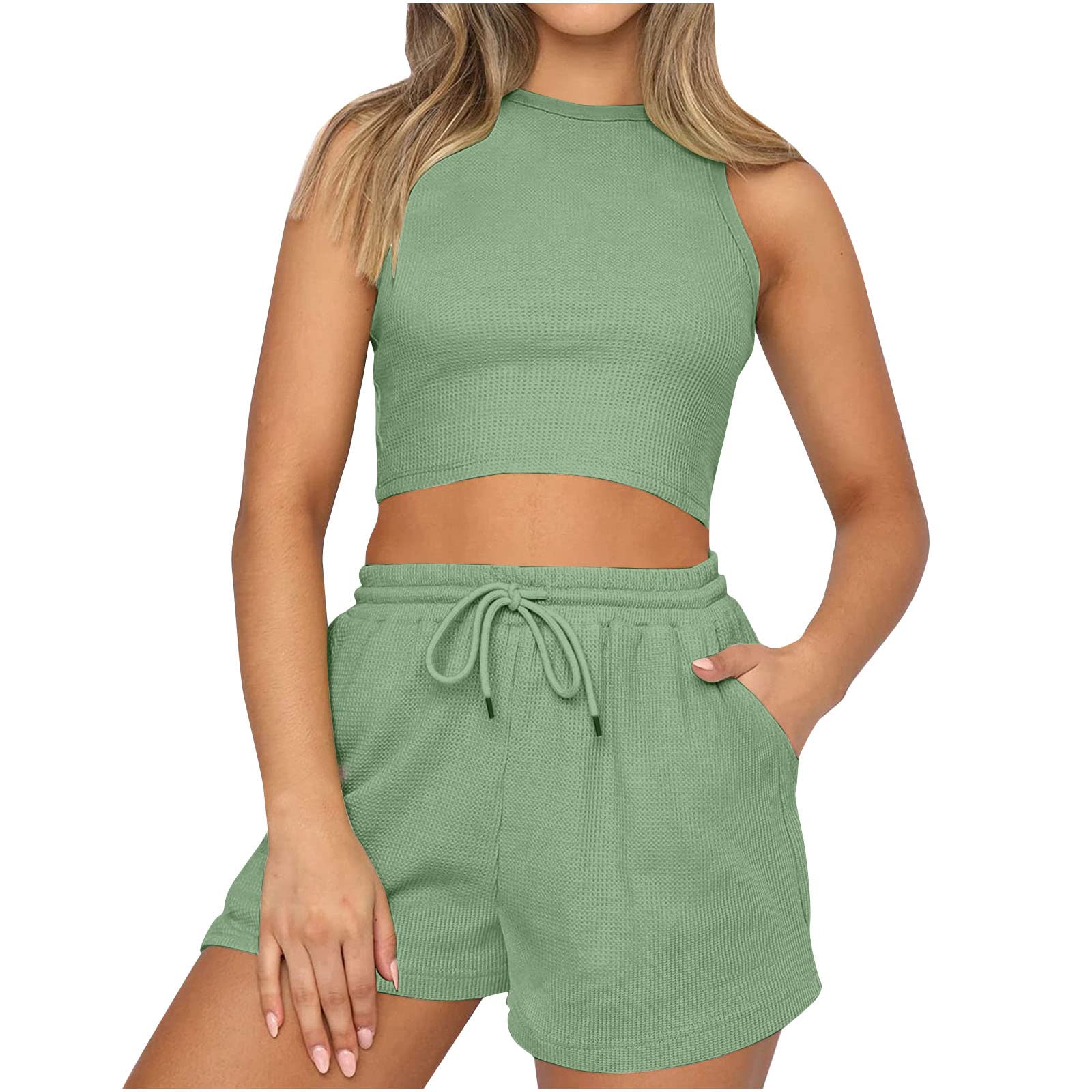 Two Piece Workout Outfits Womens Lounge Athletic Shorts Sets 2 Piece Sleeveless Crop Top High Waist Shorts Activewear