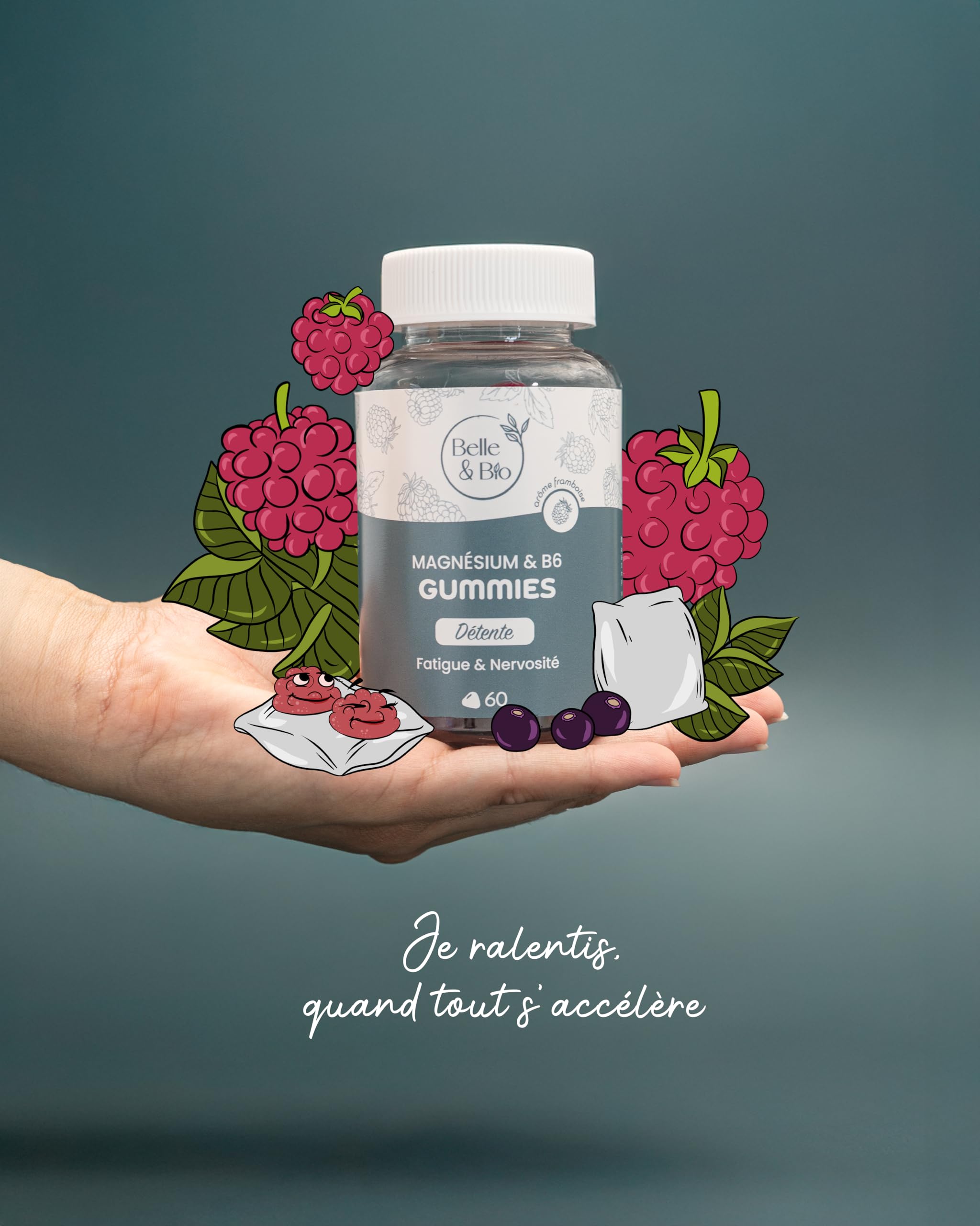 Belle&Bio - Gummies Magnésium & Vitamine B6 - Sérénité intérieure & énergie retrouvée - Compléments Alimentaires - Made in France - Magnésium, Vitamine B6 - Cure 1 mois - 60 Gummies