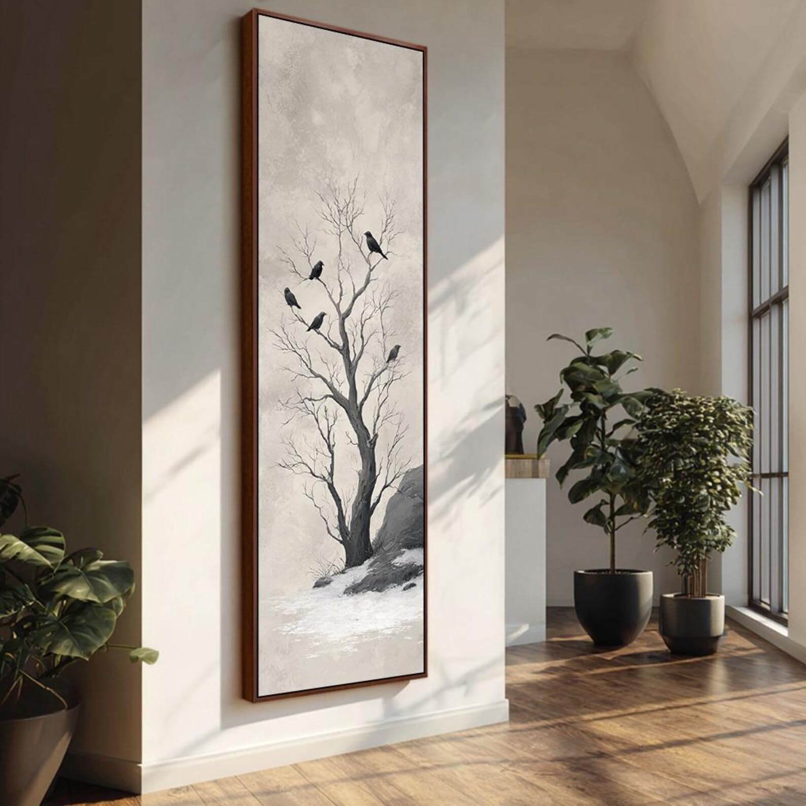 XINBAO Large Canvas Artwork, Large Canvas Print, Vertical Bird Wall Art, Abstract Slender Branch Canvas Wall Art,Animals Decor(45x135cm/Frameless)