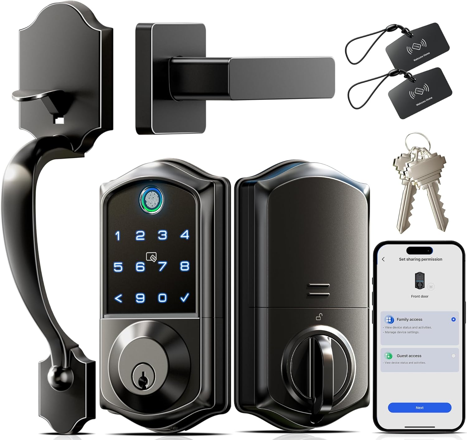 Veise VE017-H Fingerprint Smart Front Door Lock Set, App Control, Keyless Entry Deadbolt with Handle, Smart Deadbolt, Emergency Power Port, Touchscreen Keypad, Auto Lock, Easy Install, Matte Black