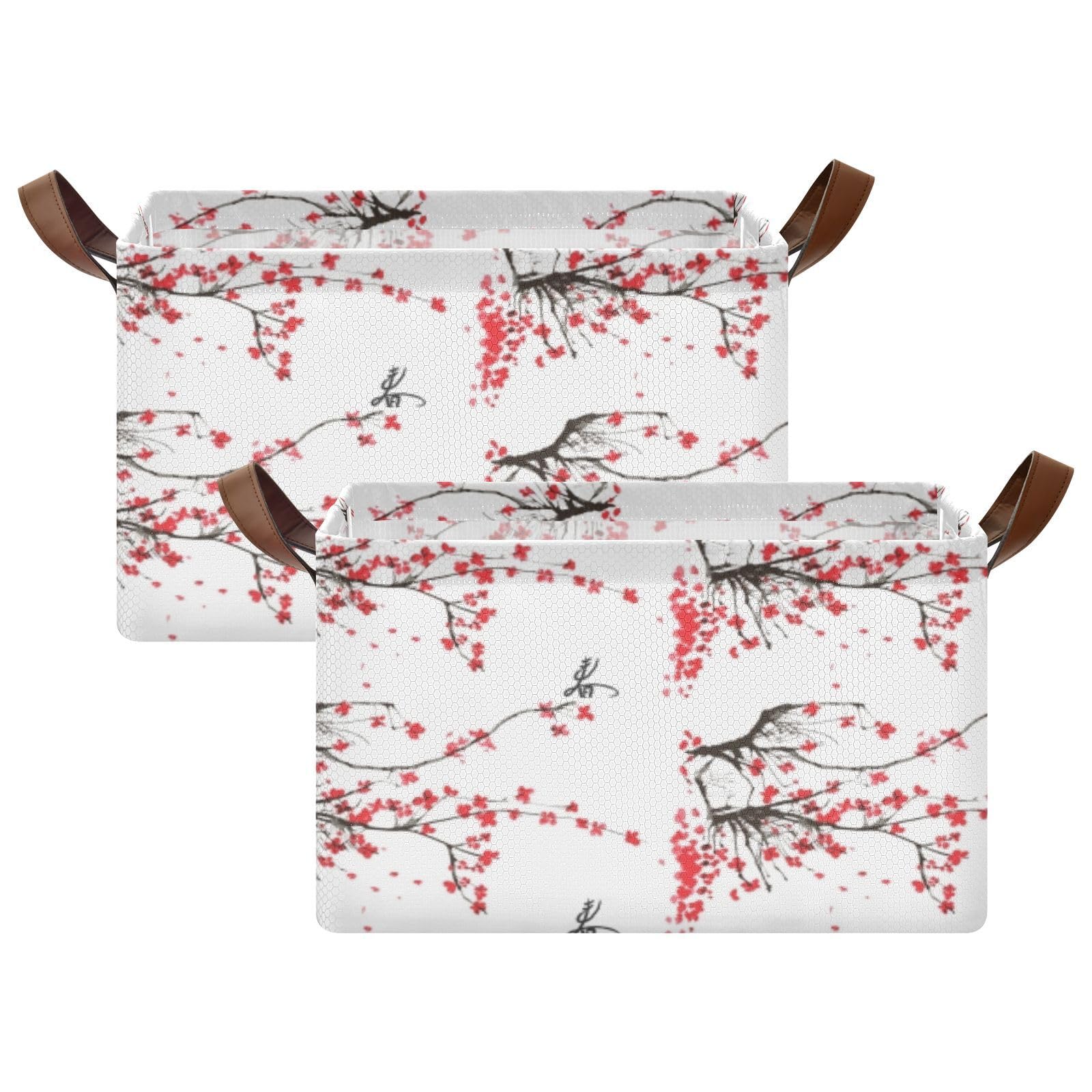 Japanese Cherry Tree Branches with Red Flowers on White Background 2PC Rectangle Foldable Frame Basket Leather Handles Storage Bin for Laundry Bathroom Organizer M 16.9 x 11.4 x 10 inch