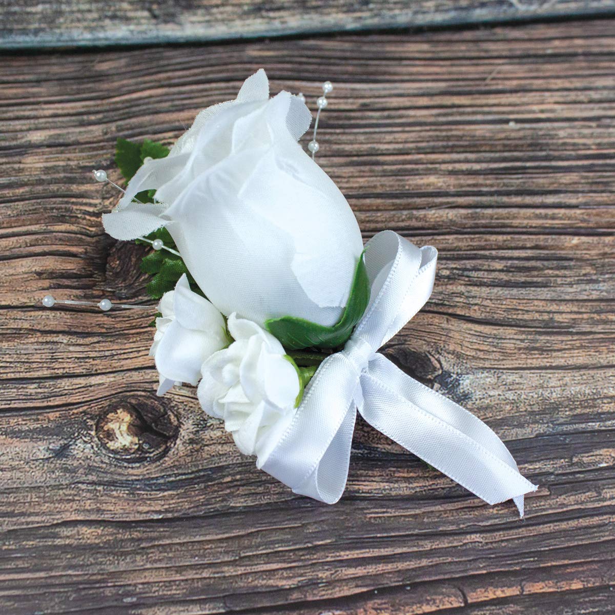 4 pcs White Silk Rose Buds Boutonniere with Cute Satin Bow Wedding Flowers Home