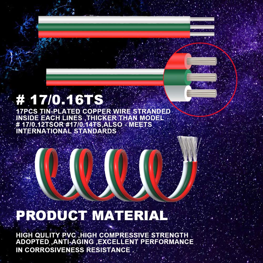 22AWG 65.6ft 3 Conductor Extension Cable Wire Cord Line 20m Stranded Tinned Copper 22 Gauge 3Pin Color Wire 12V 24V DC for WS2812b WS2811 Dream Color Led Strip Lights
