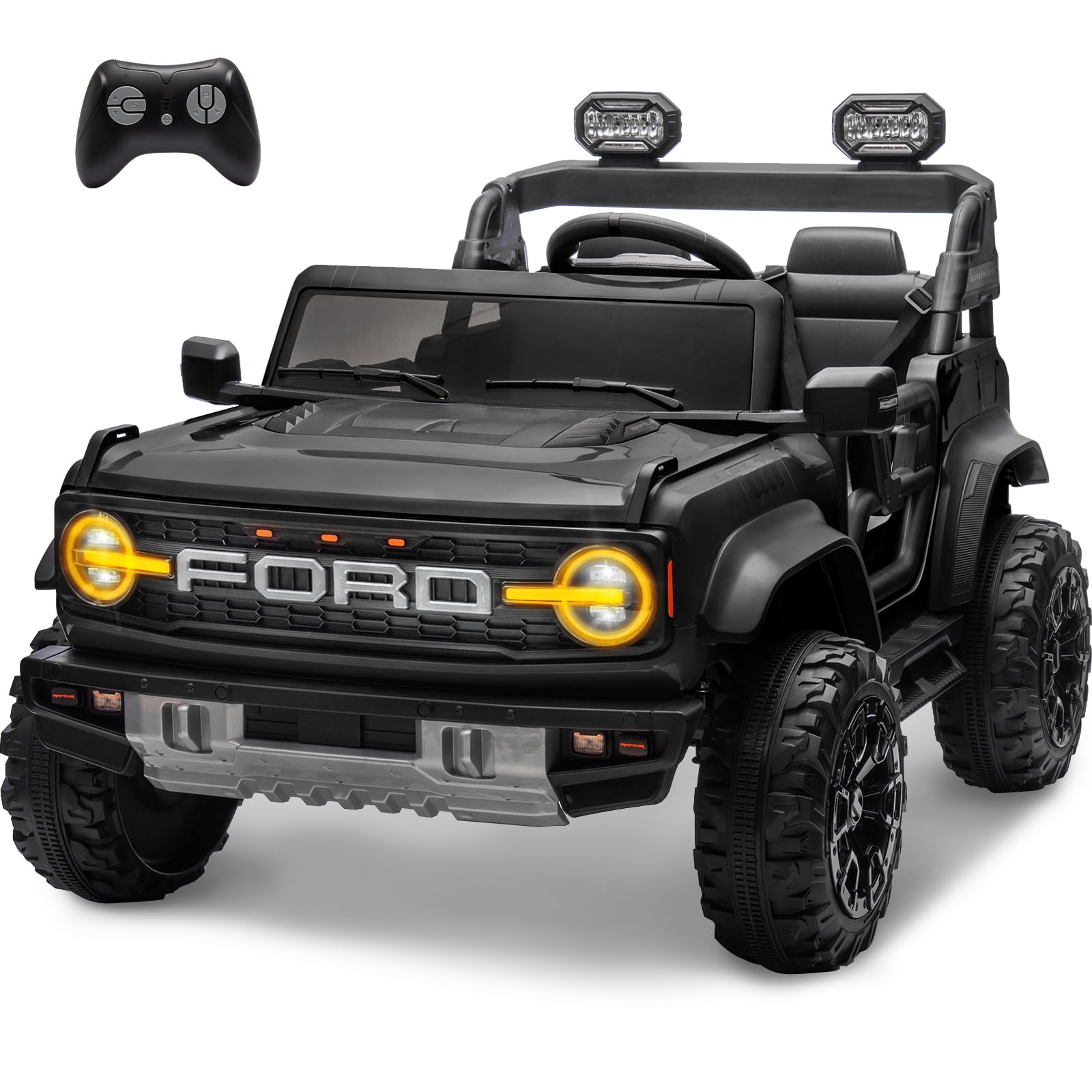 ENYOPRO 24V Licensed Ford Bronco Raptor Electric Car for Kids, 2 Seater Battery Operated Ride On Truck Toys with Remote Control, 4-Wheel Suspension, Bluetooth, Radio, LED Lights, 3 Speed - BlackENYOPRO 24V Licensed Ford Bronco Raptor Electri…