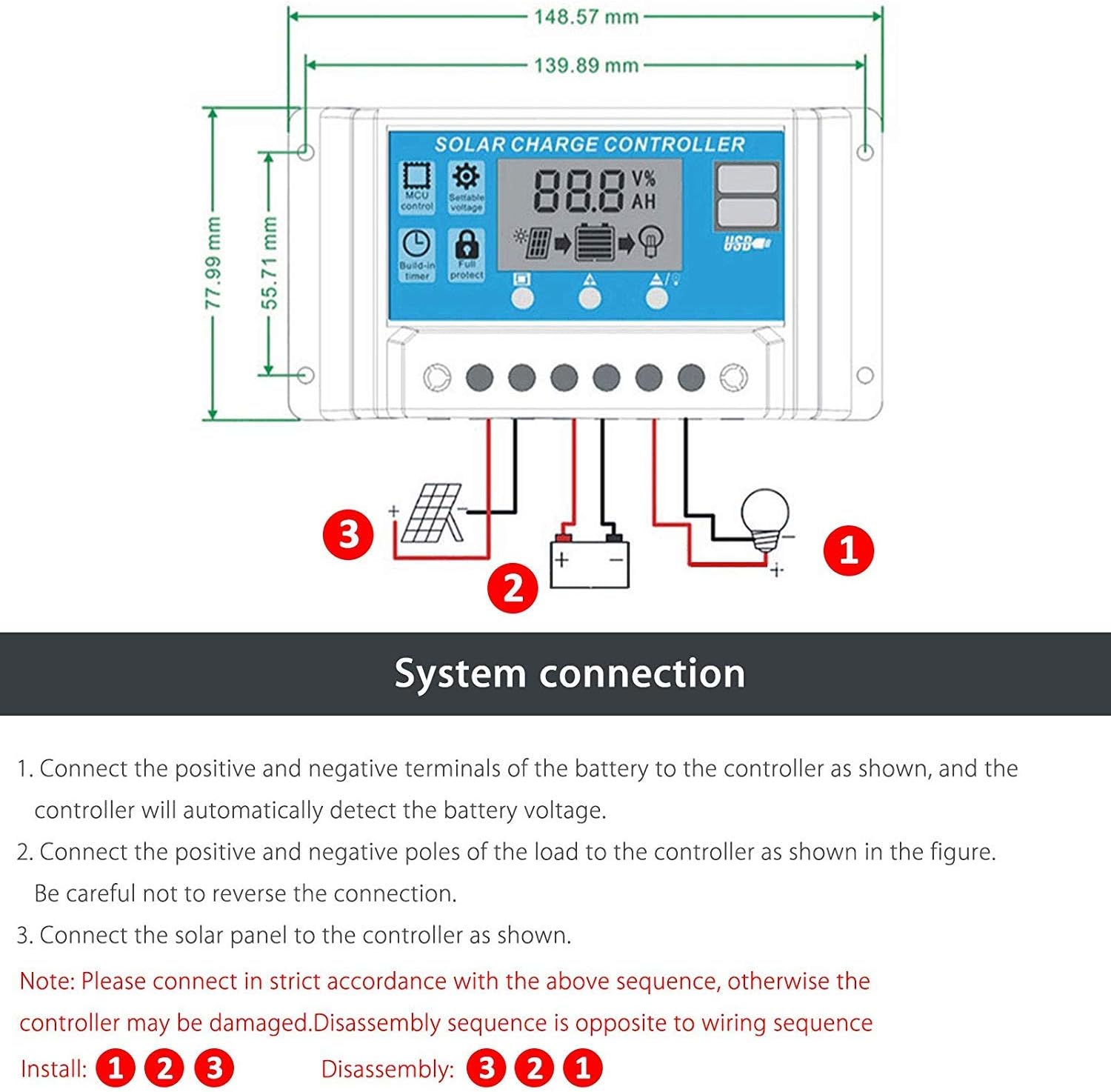 Linkhood 30A Solar Charge Controller, Dual USB Port Solar Panel Battery Intelligent Regulator, Multi-Function Adjustable LCD Display Street Light Controller (30A)