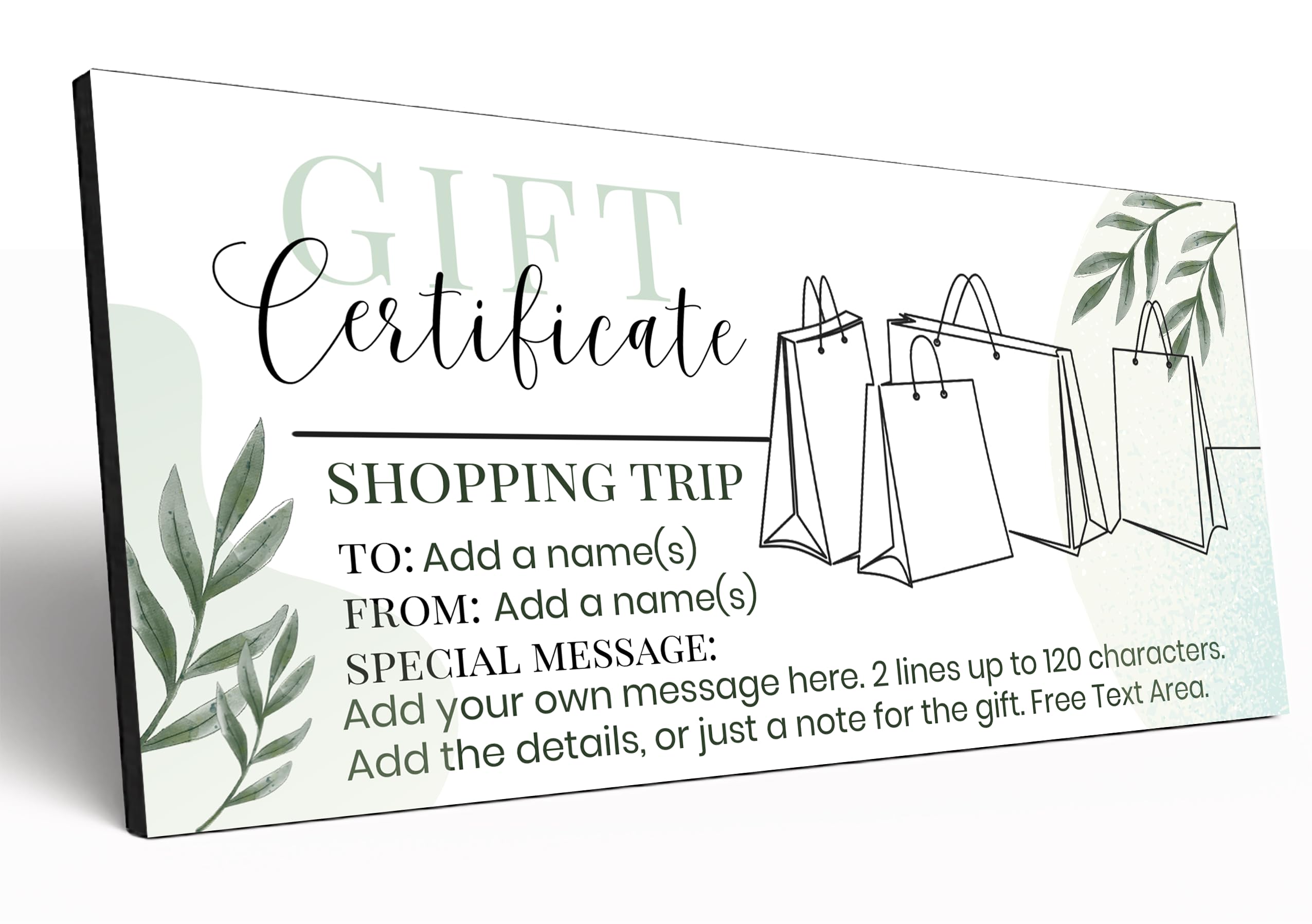 The Plum Penguin Customisable Gift Certificate 6mm MDF Personalised Gift Voucher Experience Event Gift Elegant Botanical Design (Shopping Spree)