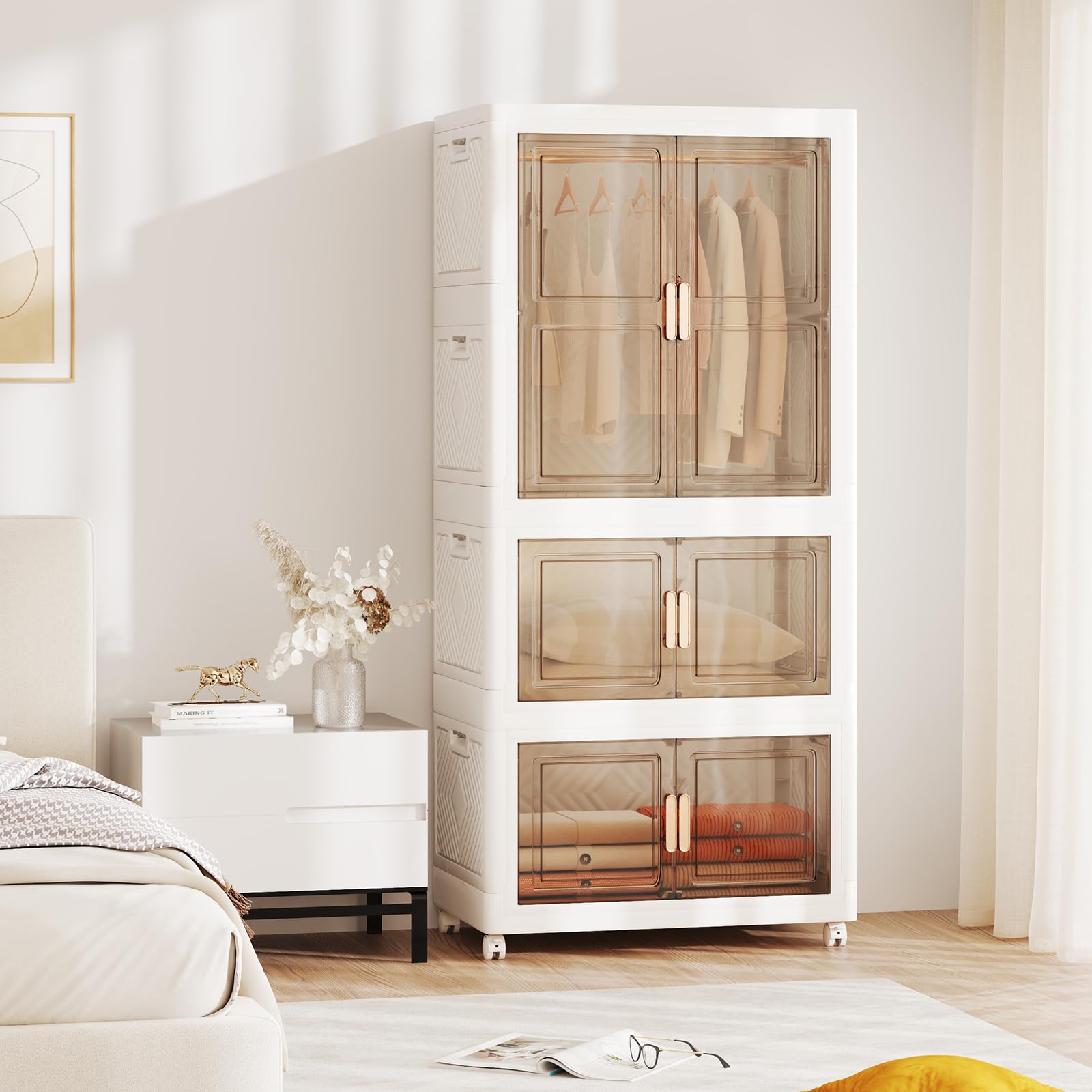 KOMFOTTEU Kleiderschrank mit 2 feststellbaren Rollen, Aufbewahrungsbox aus Kunststoff, mobiler Aufbewahrungsturm mit 10 Kleiderbügeln, 71 x 46 x 156 cm