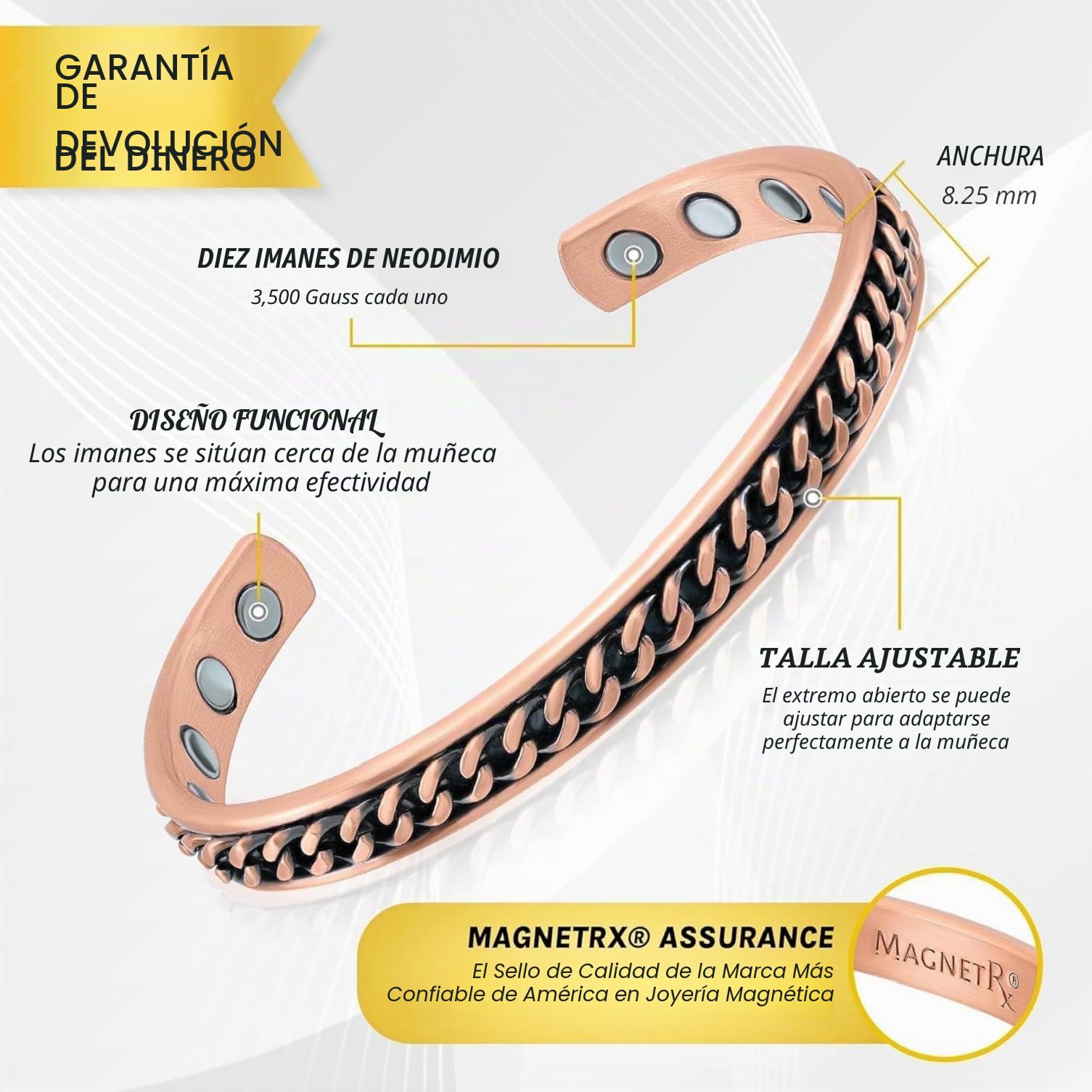 MagnetRX® Pulsera magnética – Brazalete de cobre puro eficaz para hombres y mujeres – Ajustable con incrustación de cadena