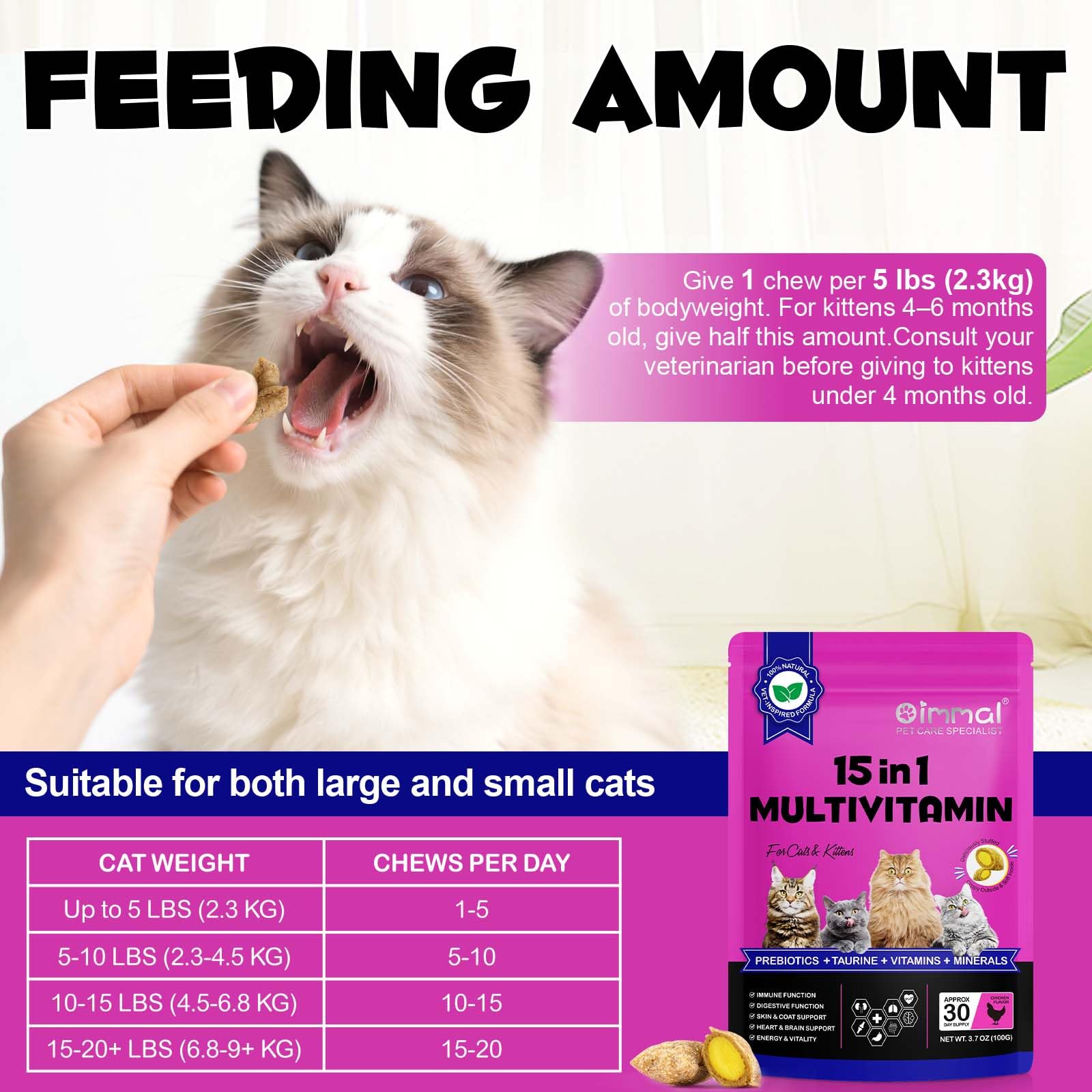 Cat Multivitamin Chews,15 in 1 Cat Vitamins Treats - Multivitamin, Taurine, Omega 3, Biotin, Prebiotics for Health + Immune Support, Skin & Coat, & Digestion (1) - image 8