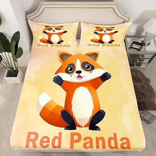 Juego de sábanas ajustables con diseño de panda rojo de dibujos animados para niños y niñas, bonita decoración de animales, color naranja y