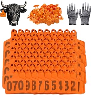 100PCS Cattle Ear Tags, Plastic Livestock Cow Ear Tags for Cattle Sheep Goats Pigs Deer, Numbered 001-100 for Farm Animal Identification, with Work Gloves (Orange, Cow)