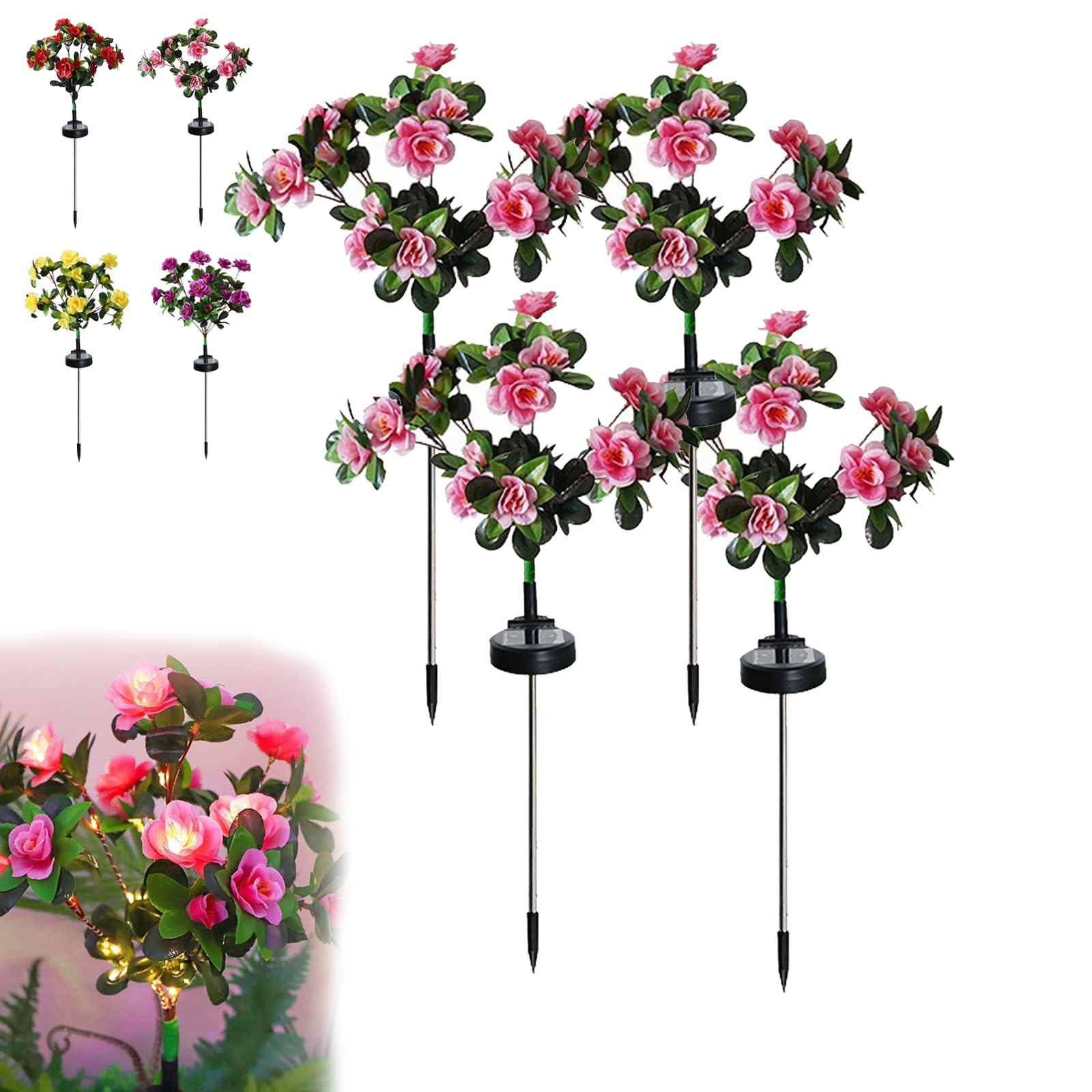 Dawhare Memorial Garden Bloom Lights – Featuring Ultra-Realistic Artificial Petals, Solar Azalea Flowers Light, Outdoor for Yard Patio Pathway Lawn Fence Cemetery (Pink-4pcs, Colorful Light)