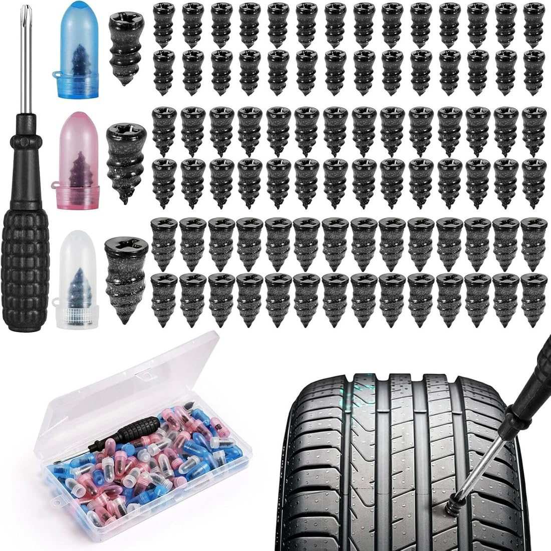 FiTspi 85pcs Screw in Tire Plugs Kit, 3 Sizes Tire Repair Screws with Protective Case, Car Puncture Repair Set with Screwdriver, Universal Tire Repair Fast Repair Nail for Auto Car Motorcycle