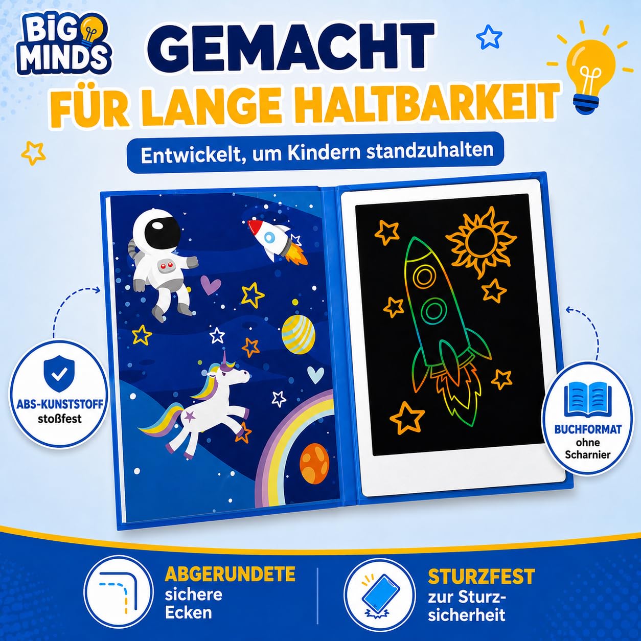 Big Minds - Maltafel Zaubertafel Buchformat | LCD Schreibtafel Kinder | Drawing Tablet Ideal | Maltablett Für Kinder 20 Wendbaren Zeichenvorlagen