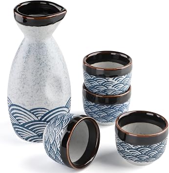 Japanese Ceramic Sake Set - 1.7L Pot, 4 White Sake Cups - Warmers 1 Pot, 4 Cups