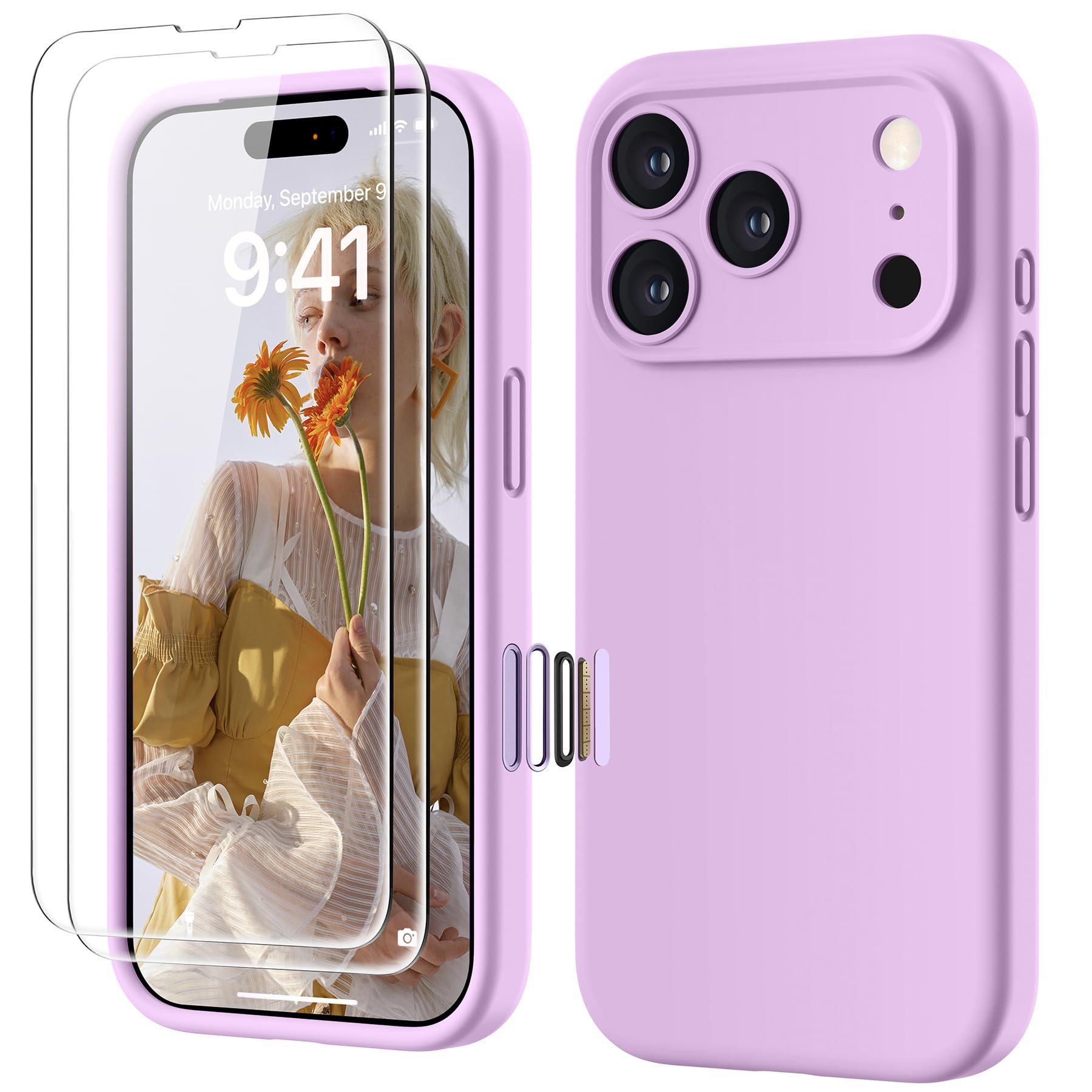GOODVISH Silicone Cover per iPhone 17 Pro 6.3", Custodia con 2x Vetro Temperato [Pulsante Controllo Fotocamera] 360° Protezione Anticaduta Case per Cellulare Antiurto Resistente, Viola