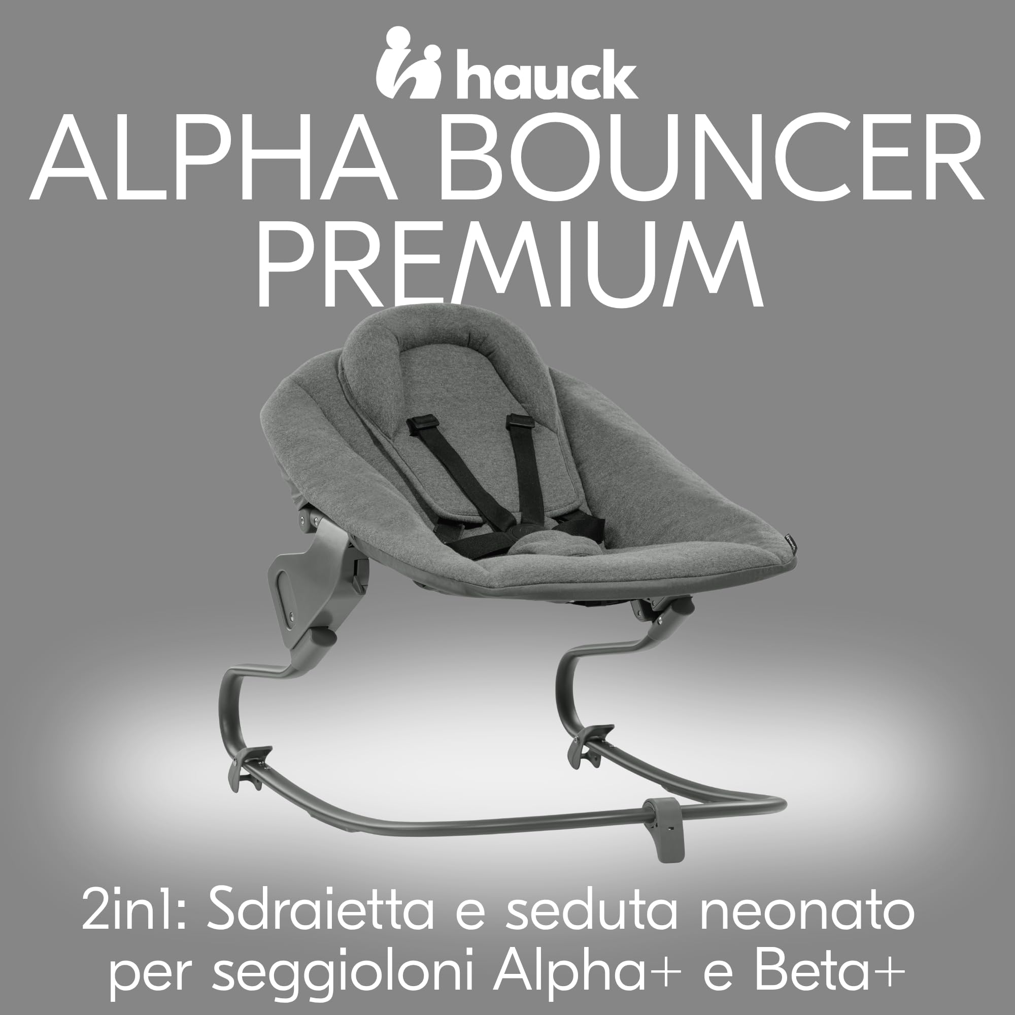 hauck Alpha Bouncer Premium, Grigio Scuro - Sdraietta Neonati Compatibile con Seggiolone Pappa Alpha+ e Beta+ - dalla Nascita fino a 9 kg - con Cintura a 5 Punti, Schienale Regolabile e Poggiatesta