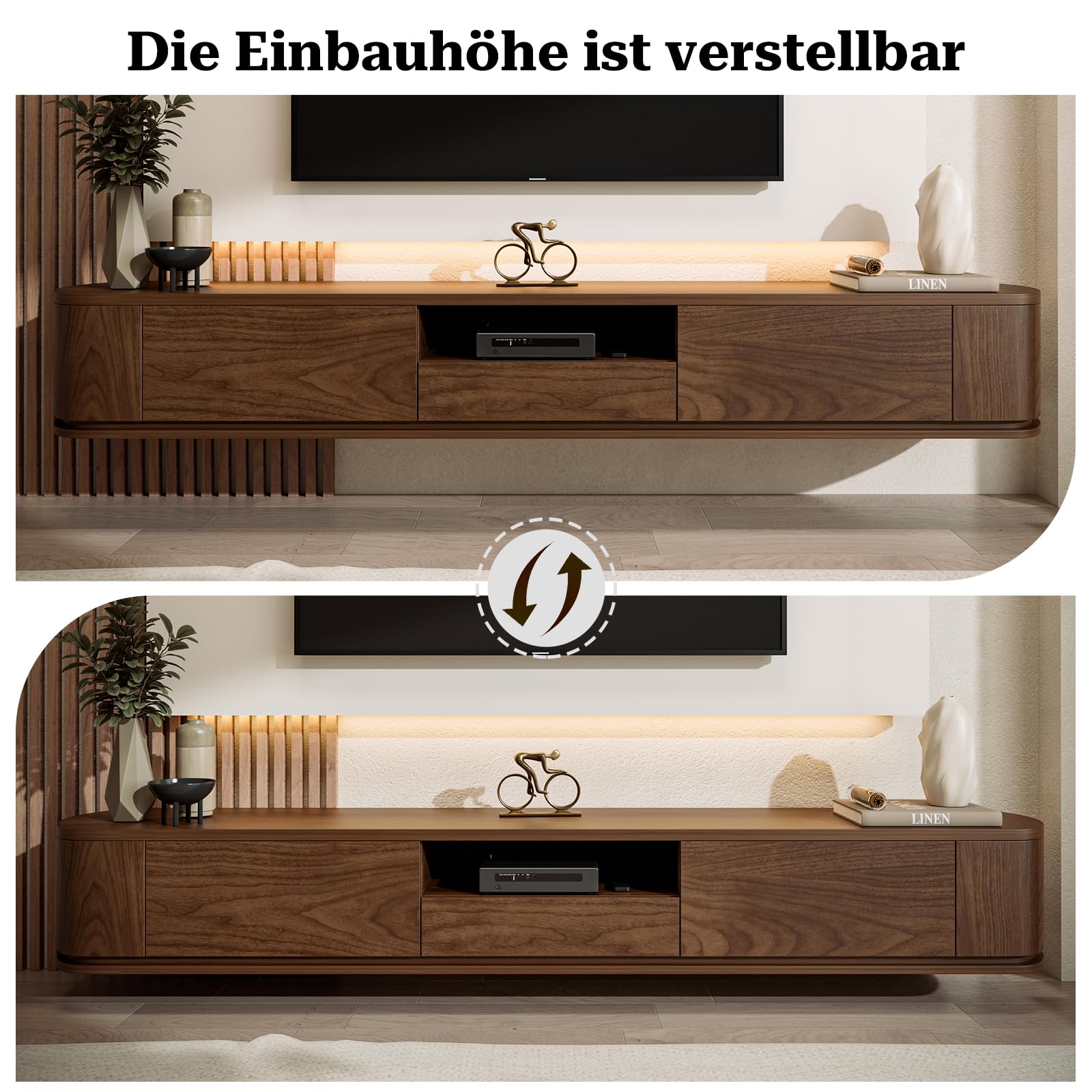 IKIFLY Moderner Schwebender TV-Schrank, Wandmontiertes Unterhaltungsmöbel Mit Schubladen und Zwei Schränken, Walnuss,180cm